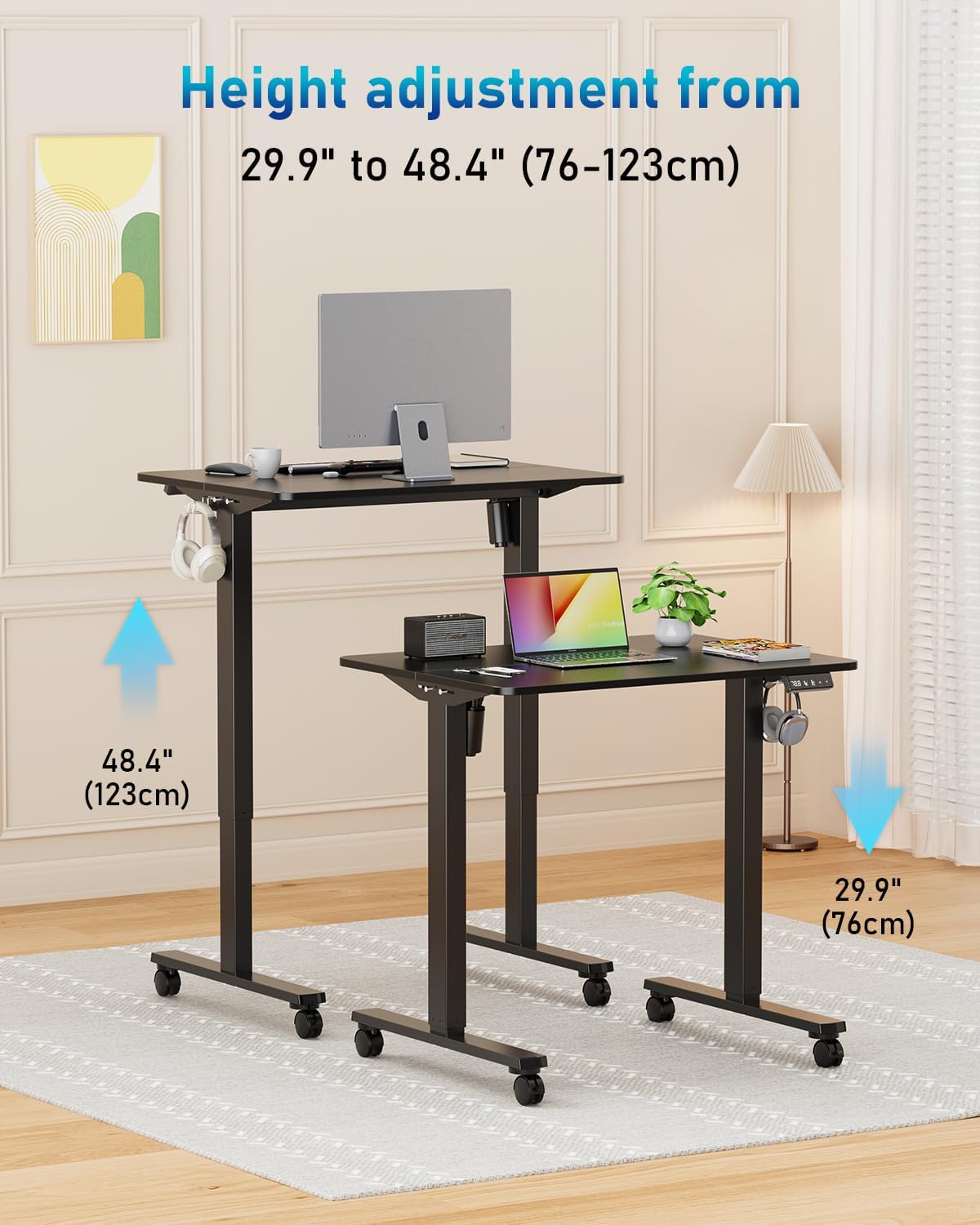 32" Small Electric Rolling Standing Desk Adjustable Height, Mobile Sit Stand up Desk with Lockable Casters for Home Office & Computer Workstation, Splice Board, 2 Hooks, Black Frame/Black Top