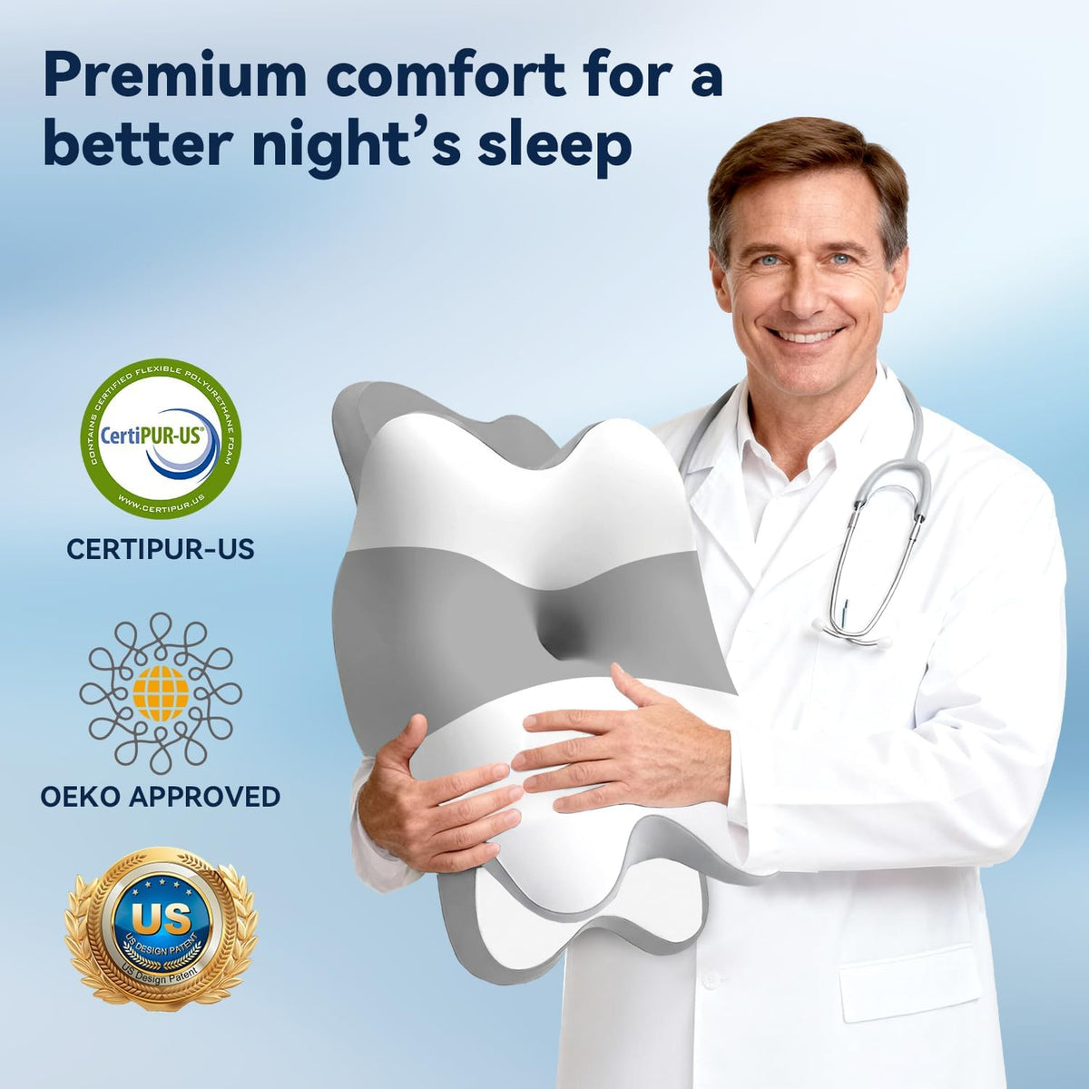 Dreams Relief Pillow,Sleep Apnea Pillow w/Neck & Snoring Relief,Orthopedic & Ergonomic Contour Cervical Memory Foam Cooling Pillow for Side Sleepers,Medium Firm Support (WhiteGrey, Queen Size)