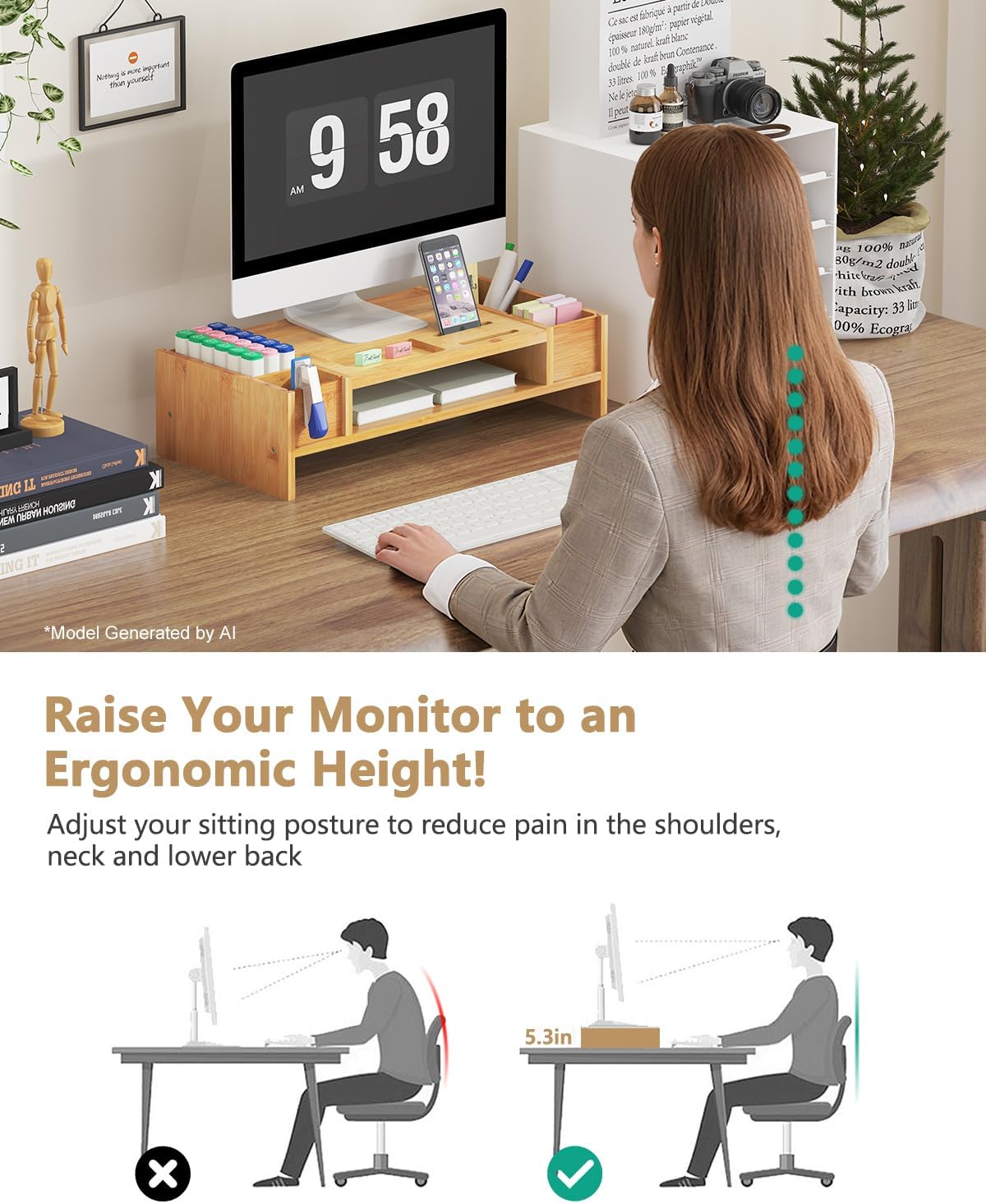 Ufine Bamboo Monitor Stand with Storage Compartments Small Desk Organizer