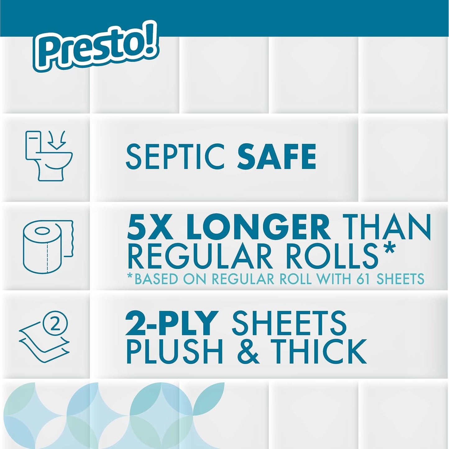 Amazon Brand - Presto! 2-Ply Ultra-Soft Toilet Paper, 12 Family Mega Rolls = 60 Regular Rolls, Unscented, 313 Sheets Per Roll