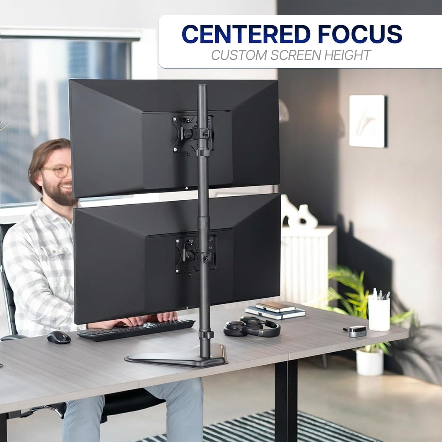 VIVO Dual Monitor Desk Stand Free-Standing LCD Mount, Holds in Stacked Vertical Position 2 Ultrawide Screens up to 34 inches, Black, STAND-V002L