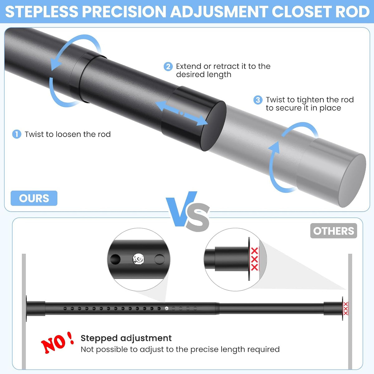 Closet Rod, 17-99in Stepless Adjuatable closet rods for Hanging Clothes