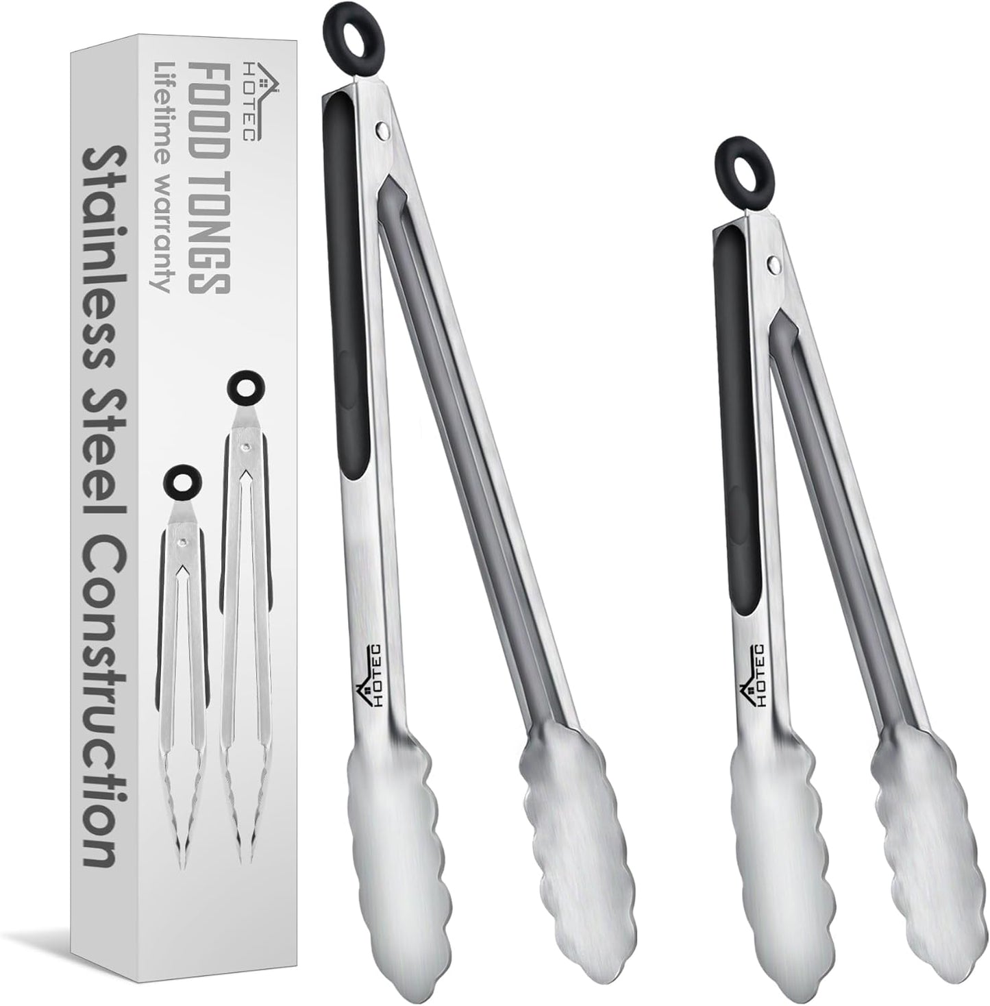 Hotec Stainless Steel Kitchen Tongs, Set of 2-9" and 12", Locking Metal Food Tongs for Cooking, Serving, BBQ, Grill Non-Slip Grip