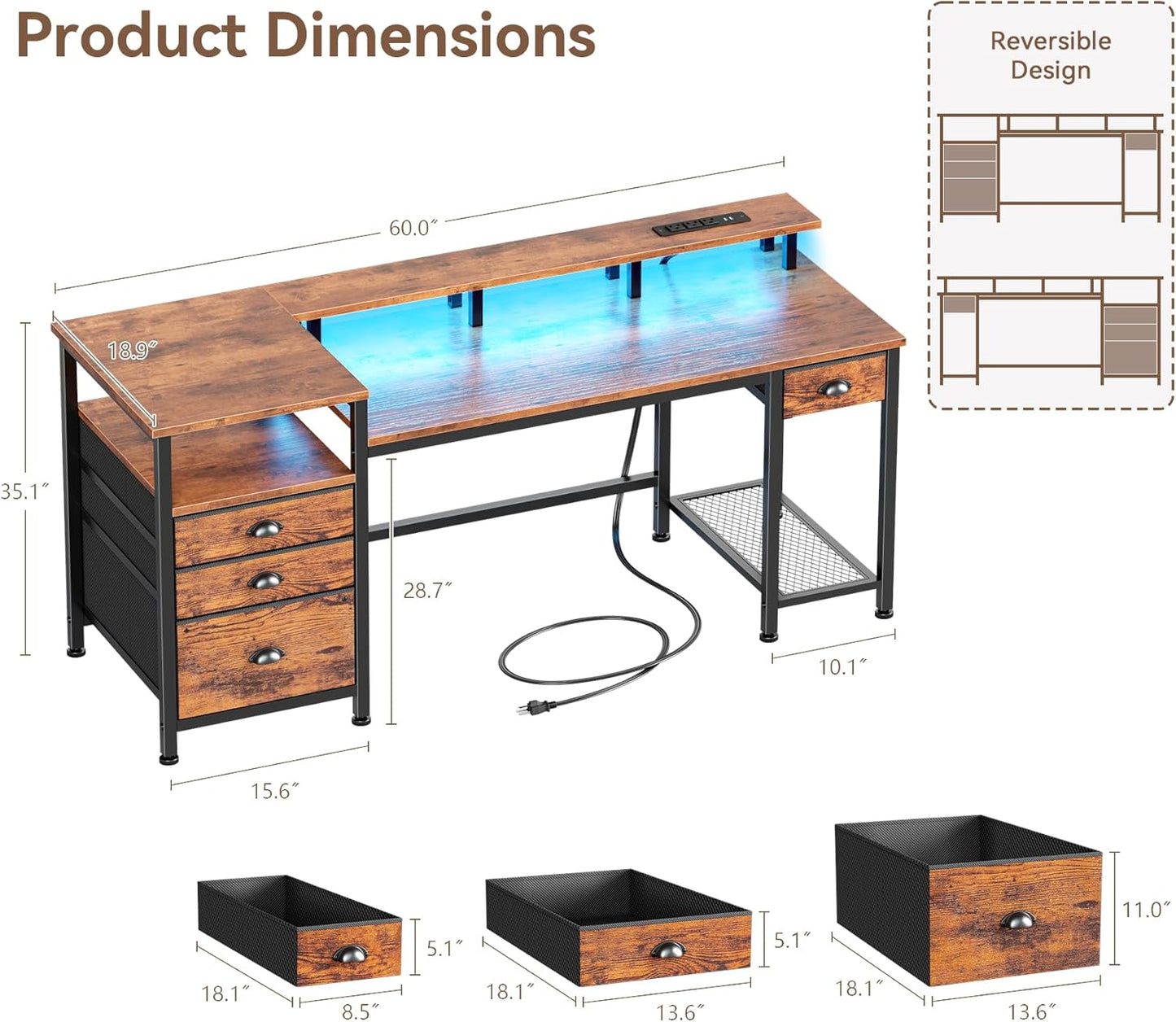 Furologee 60" Computer Desk with File Cabinet and Storage Shelves, Reversible Home Office Desk with LED Lights, Full Monitor Stand, Power Outlets, Study Gaming Table with 4 Drawers, Rustic Brown