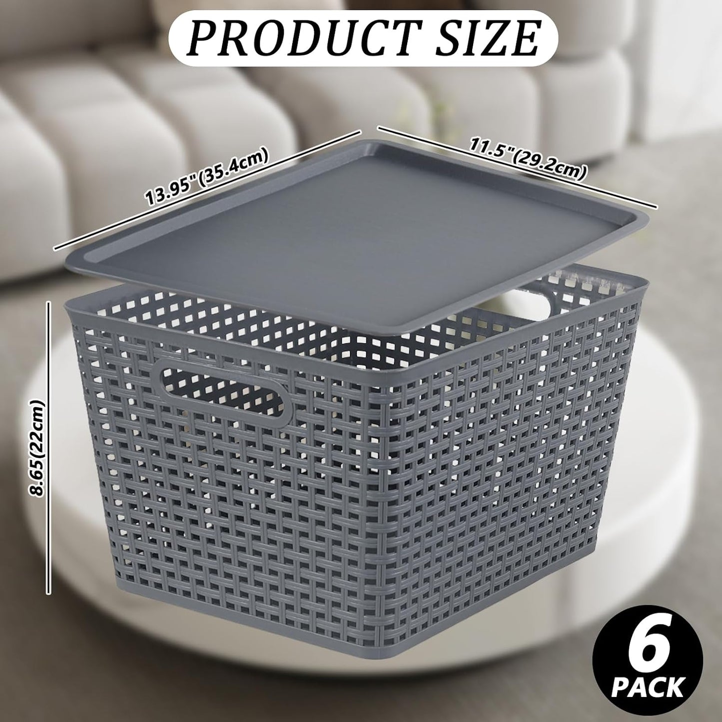 6 Pack Plastic Storage Bins with Lids, Stackable Storage Baskets with Handles, Large Organizer Bins for Desk, Shelves, Office, Plastic Container Bins for Pantry Organizers and Storage, Grey