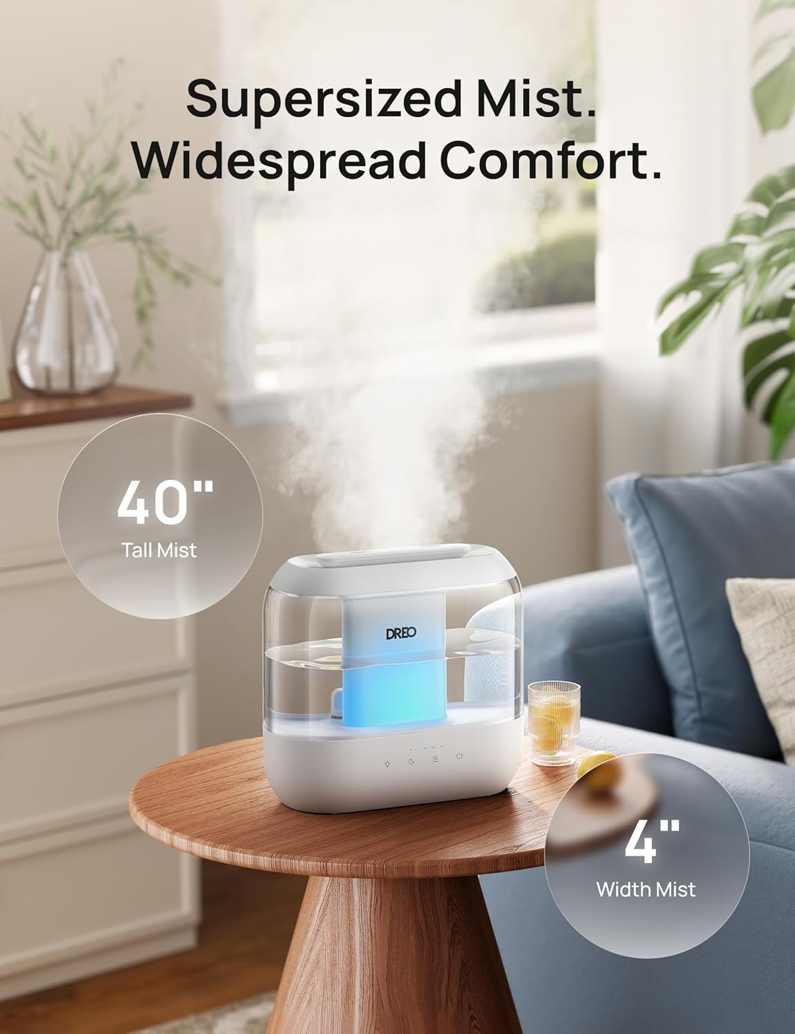 Dreo Humidifiers for Bedroom, 4L Top Fill for Large Room, 36H Runtime, 28 dB Quiet Supersized Cool Mist Air Humidifier for Baby Nursery, Plants, Indoor, Night Light, Easy to Clean & Fill, White