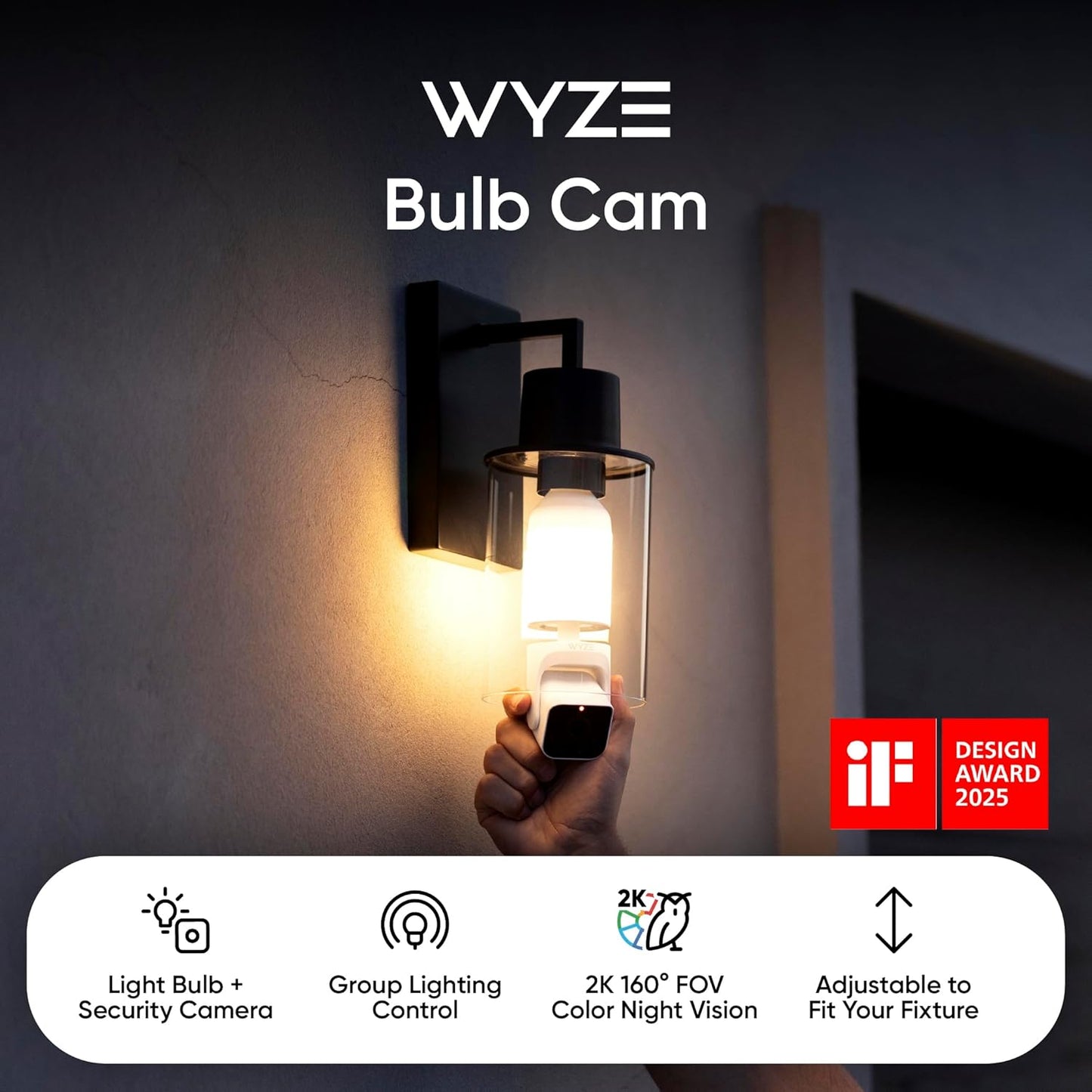 WYZE Bulb Cam - 2K HD Smart Light Bulb Security Camera with Color Night Vision, 800-Lumen Dimmable LED, 160° Wide View, Motion Detection & Siren, E26 Socket, Alexa/Google/IFTTT