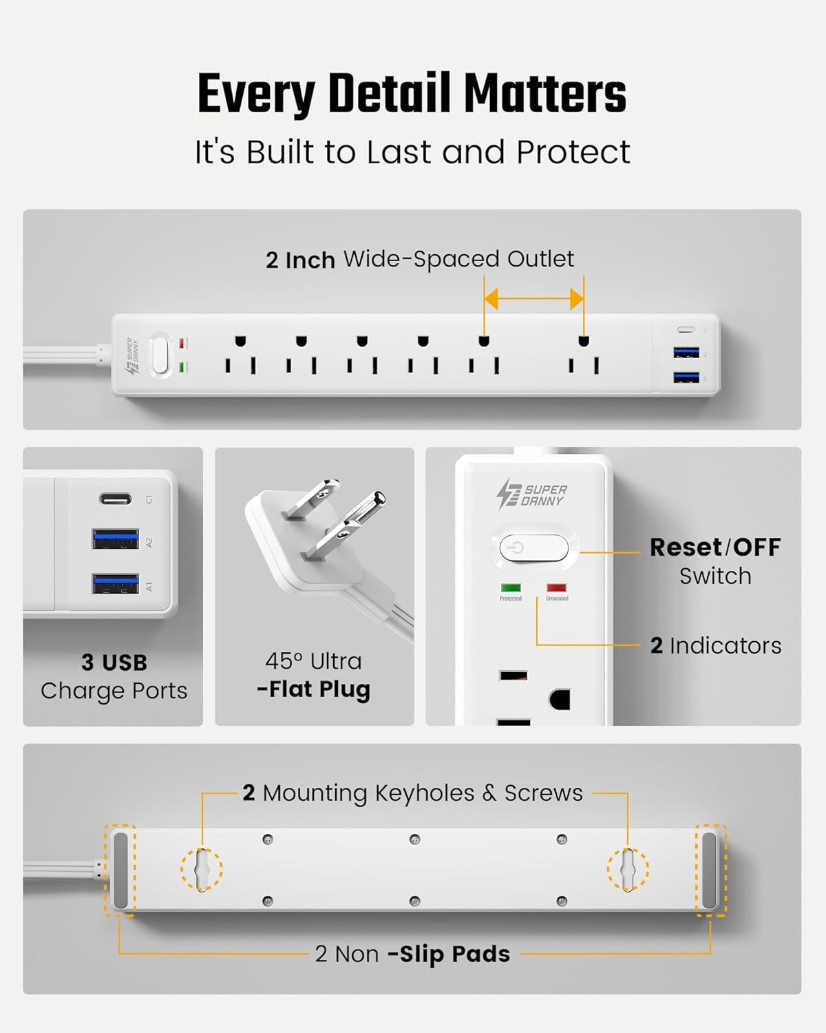 10Ft Extension Cord with Multiple Outlets, SUPERDANNY Flat Plug Surge Protector Power Strip 10 Ft Long Cord, 6 Outlets & 3 USB Ports, Charging Station for Home Office, College Dorm Room Essentials