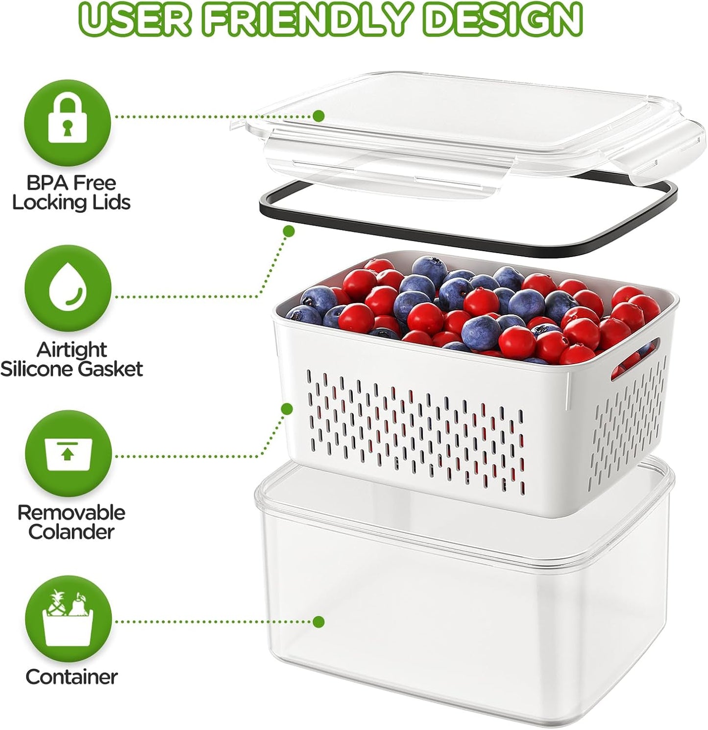 4 PCS Fruit Storage Containers for Fridge, Produce Containers for Fridge with Removable Colander, All-In-One Fruit Washing Bowl with Strainer Microwave/Dishwasher Safe for Salad Berry Lettuce Keeper