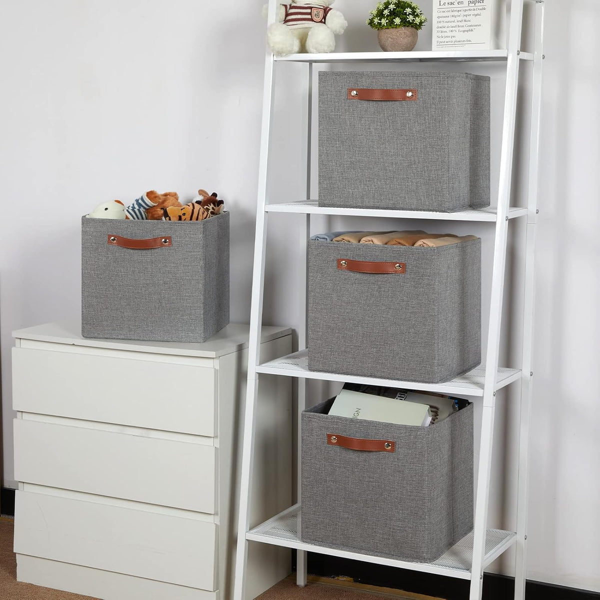 Temary 12x12 Storage Cube Bins 4 Pack Fabric Storage Cubes Storage Bins with Leather Handles, Storage Baskets Foldable Cube Organizers Bins for Home (Grey)
