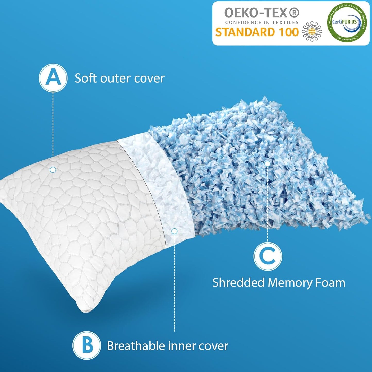 Cooling Pillow Queen Size Set of 2, Adjustable Bed Pillows for Sleeping, Luxury Shredded Memory Foam Side Sleeper Pillows 2 Pack, Cool No Flat Firm Cervical Neck Pillow for Side Sleepers Neck Pain