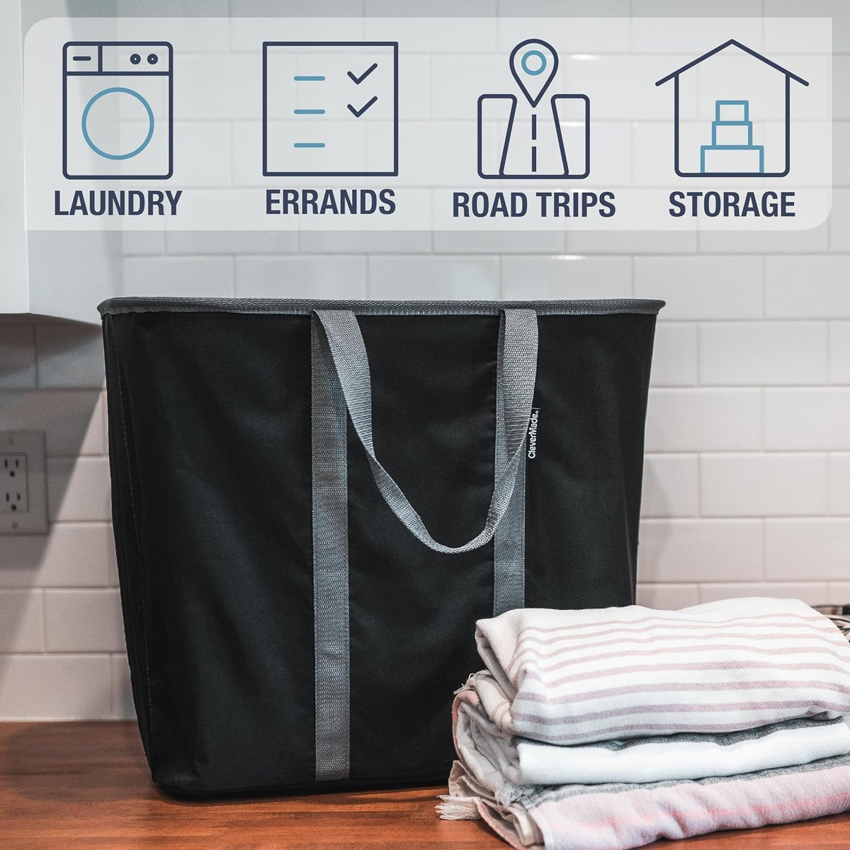 CleverMade Collapsible Laundry Caddy, 64L Pop-Up Hamper, 2 Pack, Black Gray | Move 2 Full Loads Without Spills | Reinforced Rim and Base Stay Upright, While Soft Handles Ease Trips to the Washer