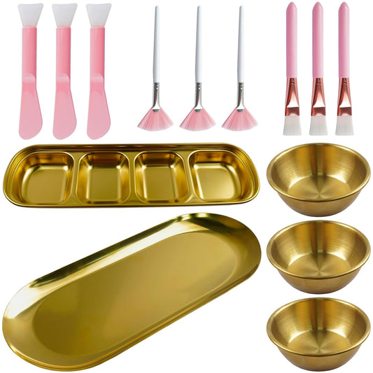 14 Pcs Esthetician Supplies 3 Large Stainless Steel Gold Mixing Bowls 1 Gold Big Serving Tray 1 Serving Tray with 4 Compartment 3 Facial Fan Brushes 3 Face Mask Applicator Brush 3 Facial Mask Scrapers