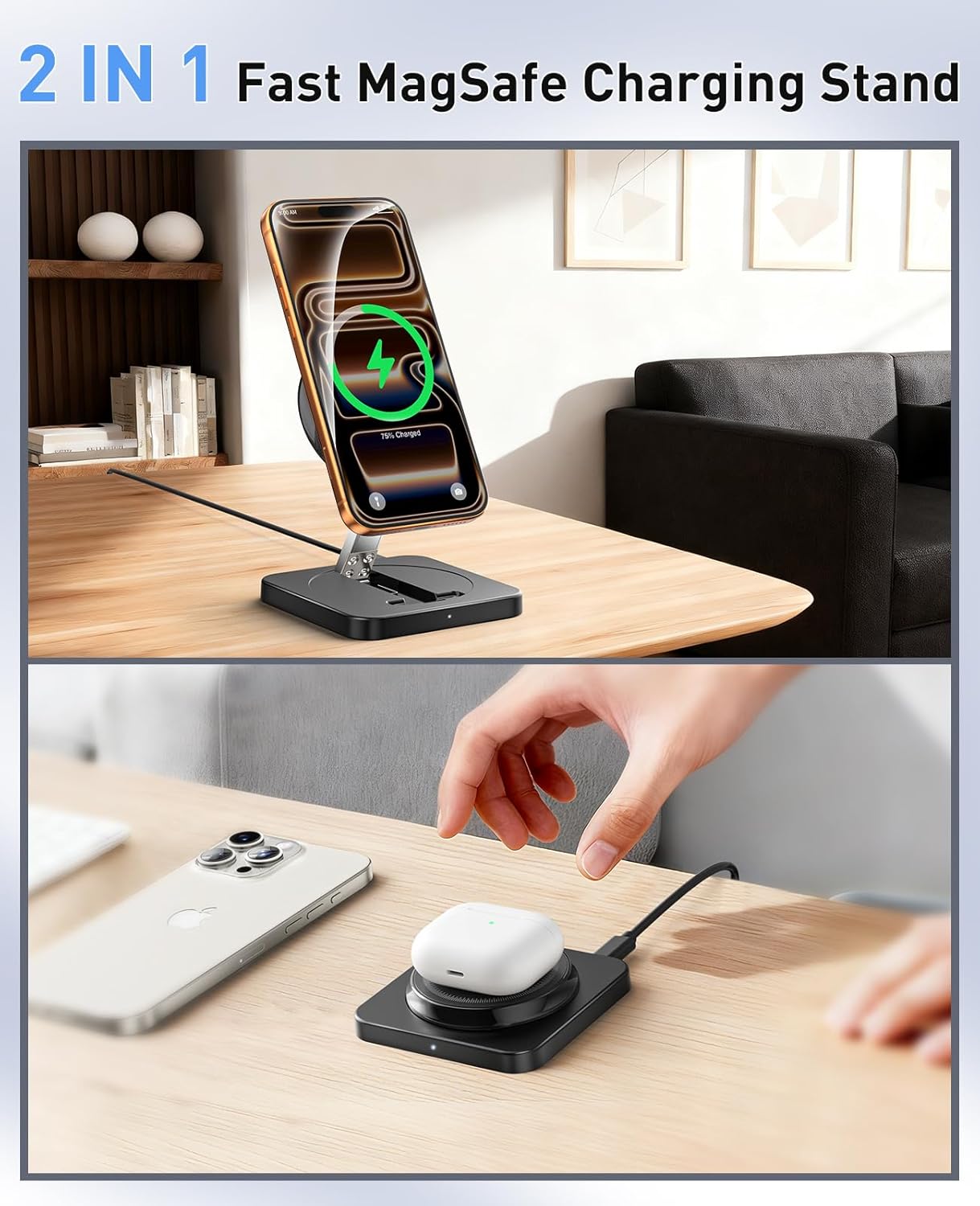 Magnetic Wireless Charger, [2 Pack] 15W Foldable Fast Charging Stand for iPhone 17/16/15/14/13/12 Series/AirPods 3/2/Pro 2/3, Samsung Wireless Charger Station for Galaxy S25 Ultra/S24/S23/S22/S21/S20