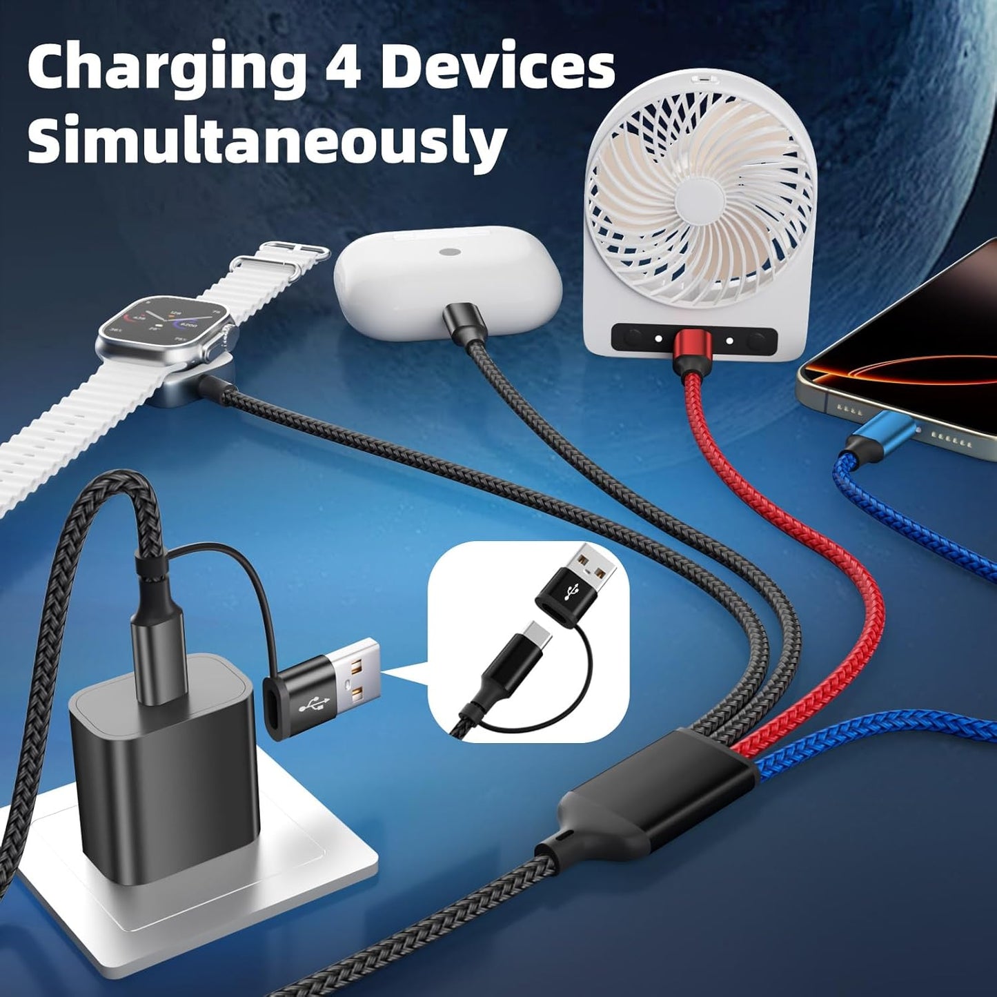 Travel Essentials Dual Type-C 4 in 2 Multi Charging Cable for Apple Watch Charger/iPhone 17, USBA&USBC Cable iWatch Charger for iWatch Ultra/SE/11-2, iPhone17-8, Car/Cruise Camping Essentials, 2Pc 5FT