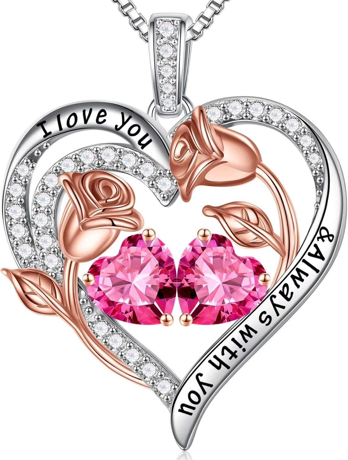 Iefil Birthstone Necklace for Women - Rose Heart Necklace