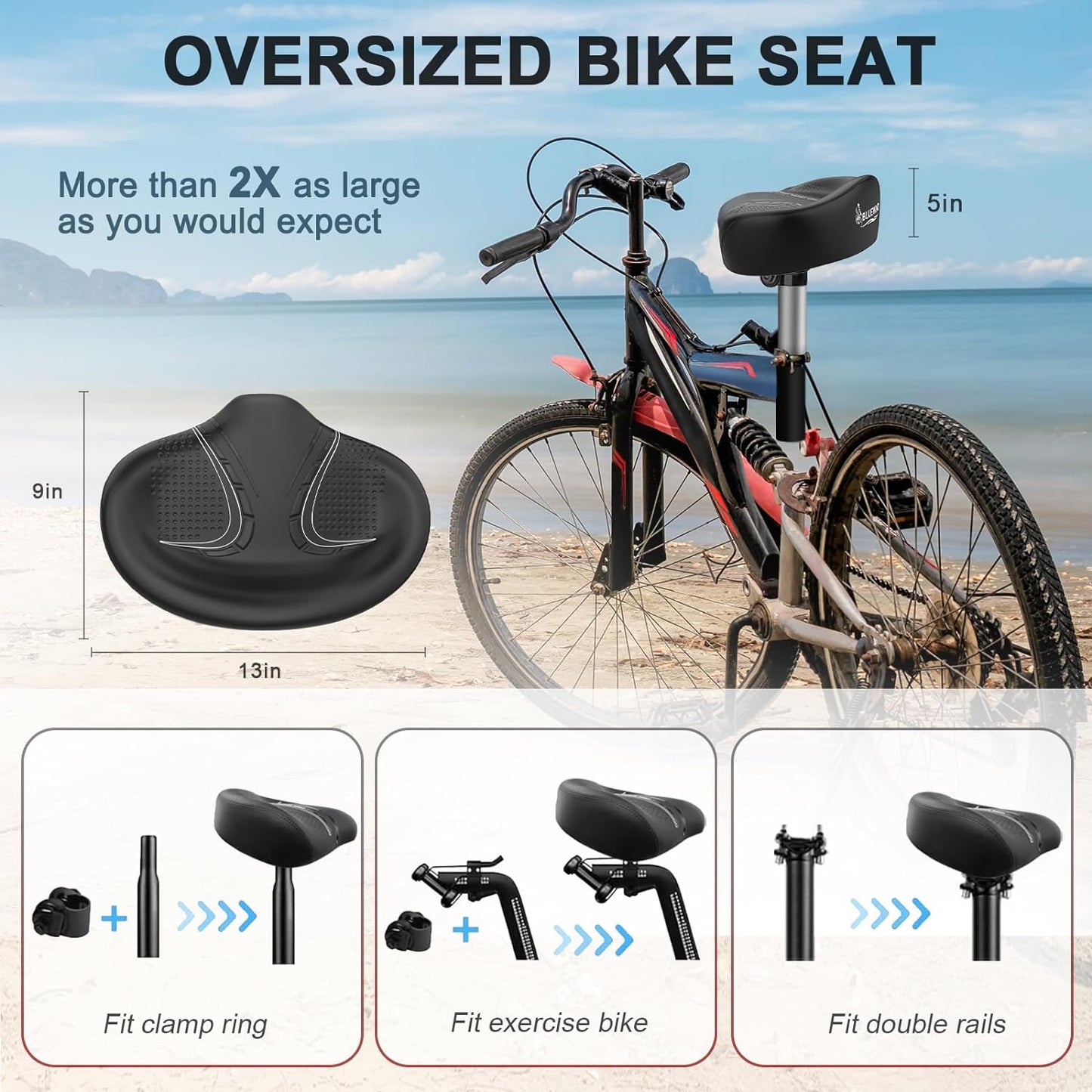 BLUEWIND New Noseless Oversized Bike Seat, Wide Bicycle Saddle Novel Backrest Design for Electric Bike, Universal Fit Exercise Bike or Road Stationary Bike Seat Cushion for Men & Women