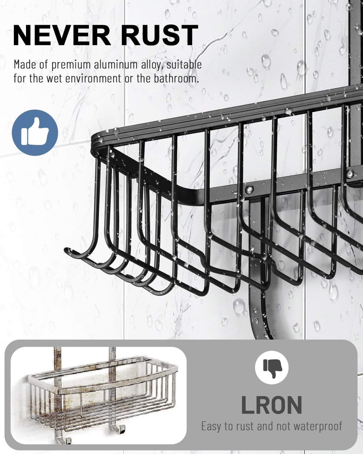 Shower Caddy Hanging - Never Rust Shower Hanging Organizer - Aluminum Over the ShowerHead Caddy with Soap Basket and 6 Hooks for Razor/Sponge (Black)