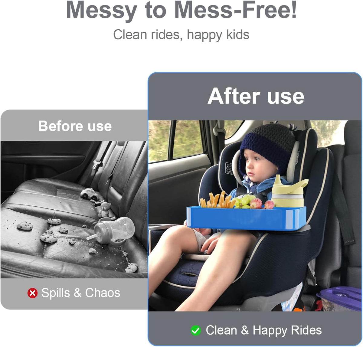 Car Seat Snack Tray for Toddlers - 3 Inch Cup Holder Fits Most Sippy Cups & Straw Bottles with Dip Well, Mess-Free Square Kids Travel Tray Road Trip Essentials, Blue