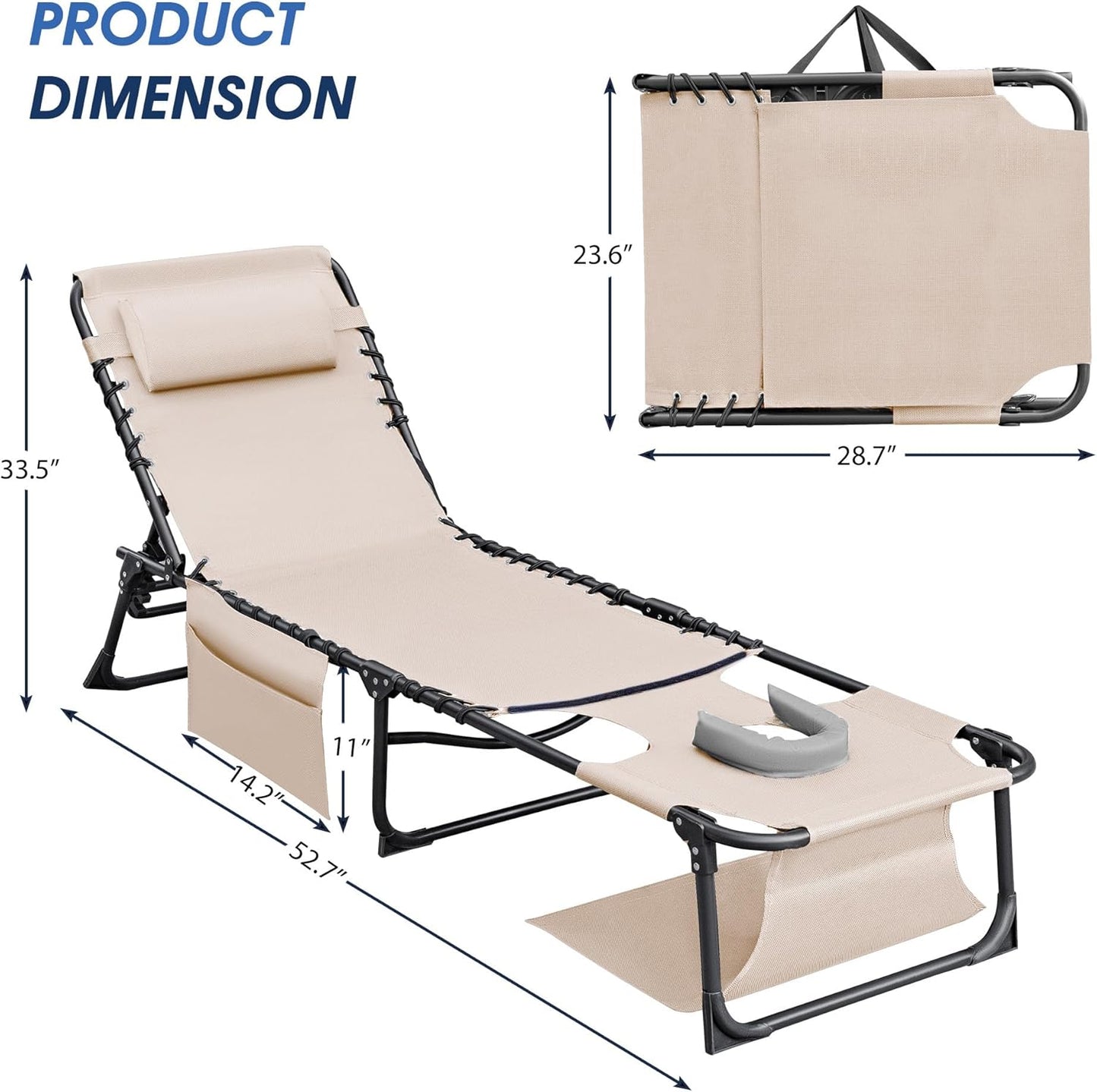 Flamaker Face Down Chaise Lounge Chair 5-Position Adjustable Sunbathing, Foldable Tanning Chair with Face& Arm Holes, Outdoor Recliner Chair for Pool, Beach, Patio, Lawn (Beige, 1 Pcs)