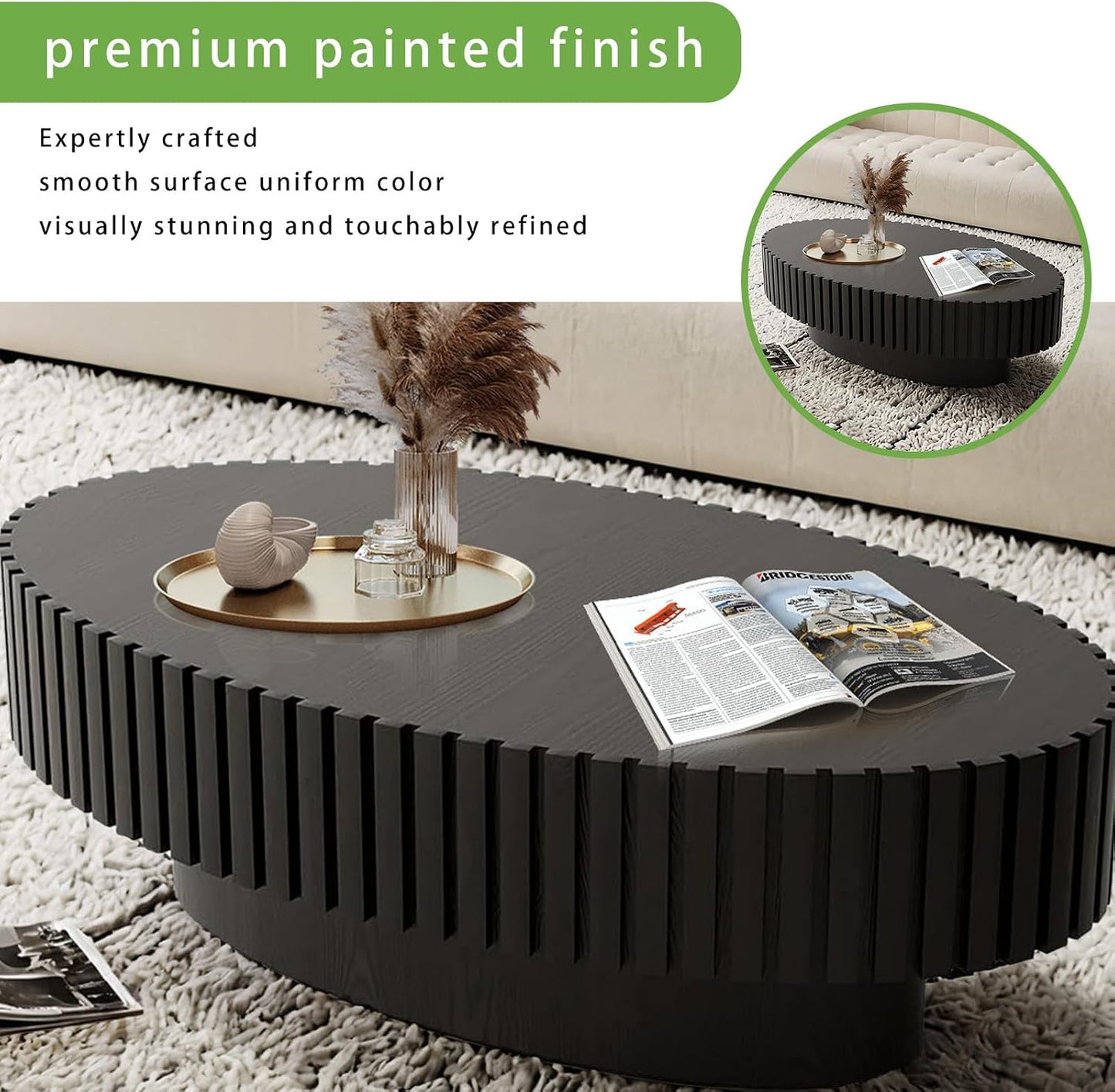 Mid Century Modern Oval Coffee Table for Living Room (Oval Black) | Drum Oval Fluted Wood Coffee Table, Pedestal Center Table for Office Patio