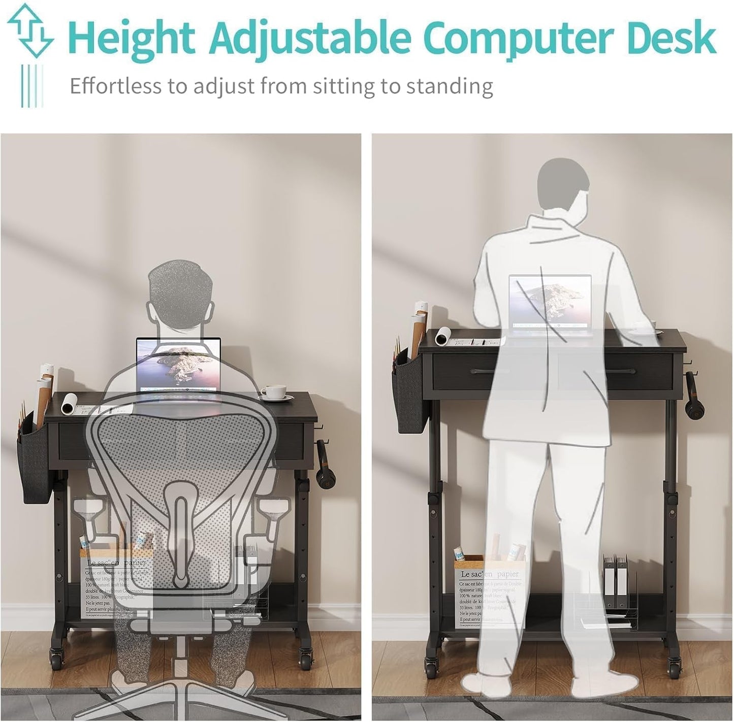 Small Portable Rolling Standing Desk - 32 Inch Adjustable Mobile Stand Up Gaming Desks with 2 Fabric Drawers on Wheels, Couch Sofa Side Laptop Table with Storage for Home Office, Black