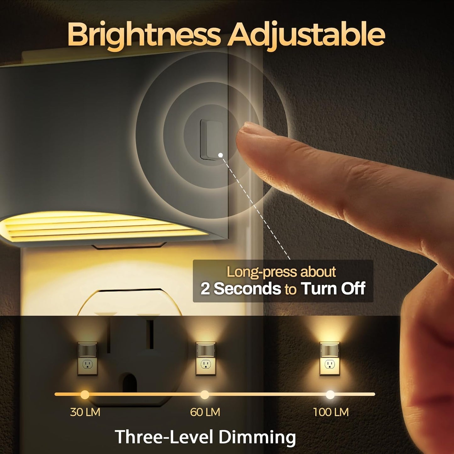 DORESshop LED Night Light[2 Pack], Golden Night Lights Plug into Wall, 3 Level Brightness Adjustable Plug in Night Light, Dusk to Dawn Sensor, Nightlights for Adults, Bedroom, Bathroom, Hallway, 3000K