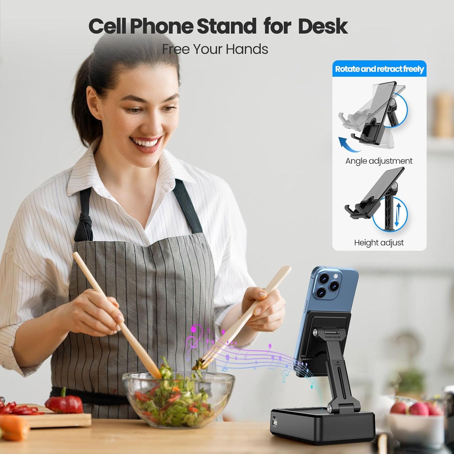 JTEMAN Cell Phone Stand with Bluetooth Speaker and Charging Function, HD Sound Adjustable Phone Holder, Birthday Gifts for Men Women, Cool Tech Kitchen Gadgets for All Phones,Tablet (Black)