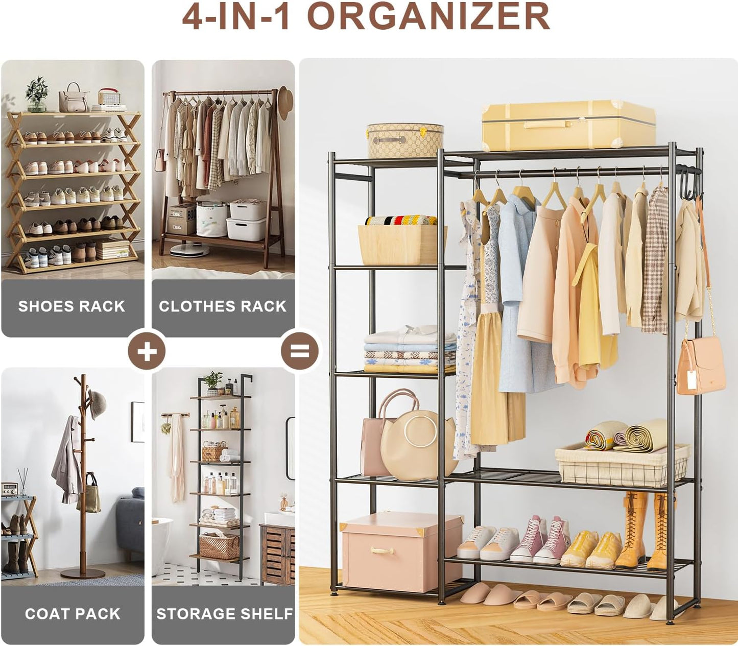 Neprock Wardrobe Closet, Portable Clothing Rack for Hanging Clothes, Free Standing Closet Organizers and Storage System with 4 Tiers Shelves for Cloakroom Bedroom, Black