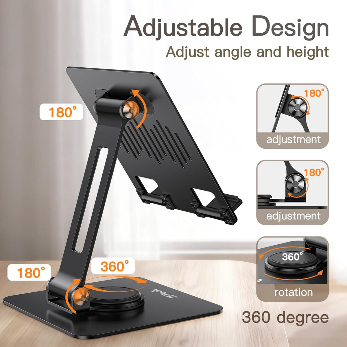 JETech Tablet Stand, Adjustable Swivel Desktop Holder with 360 Degree Rotating Base, Foldable Cradle for iPad/iPad Air/Pro/Mini, Galaxy Tab A11/A9/S11/S10 FE, Tab/Phones(4-13"), Black