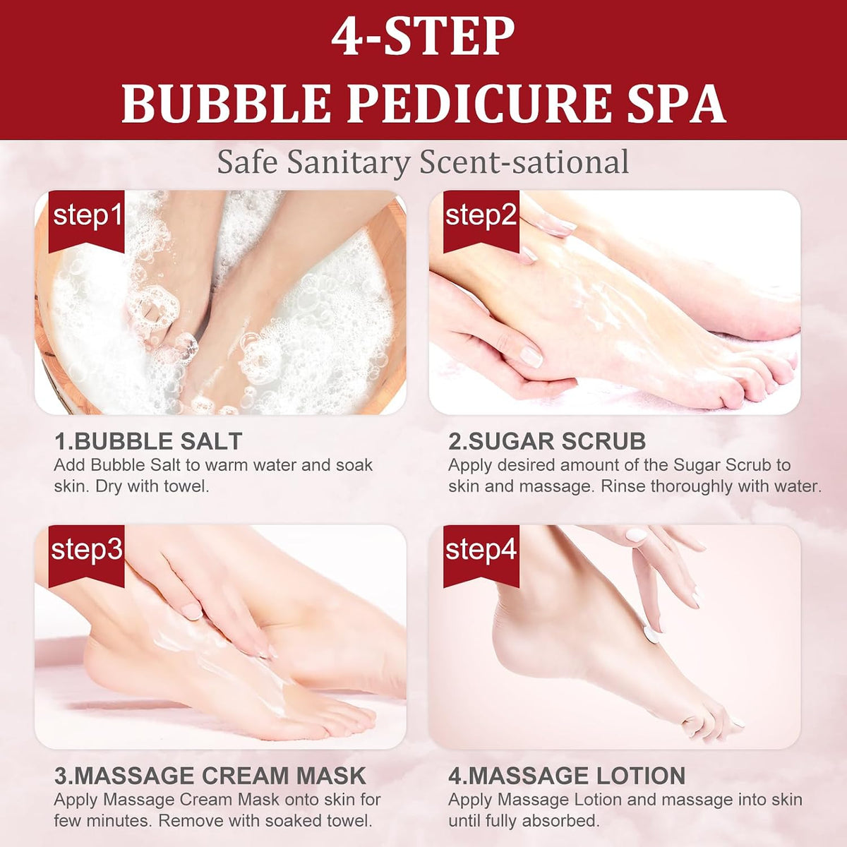 Pedicure Kit Foot Soak Set: Bubble Salt, Sugar Scrub, Massage Mask, Massage Lotion in a Box, 4 Step Foot Spa Kit for Dry Feet,Tired Feet（3 Set Pomegranate)