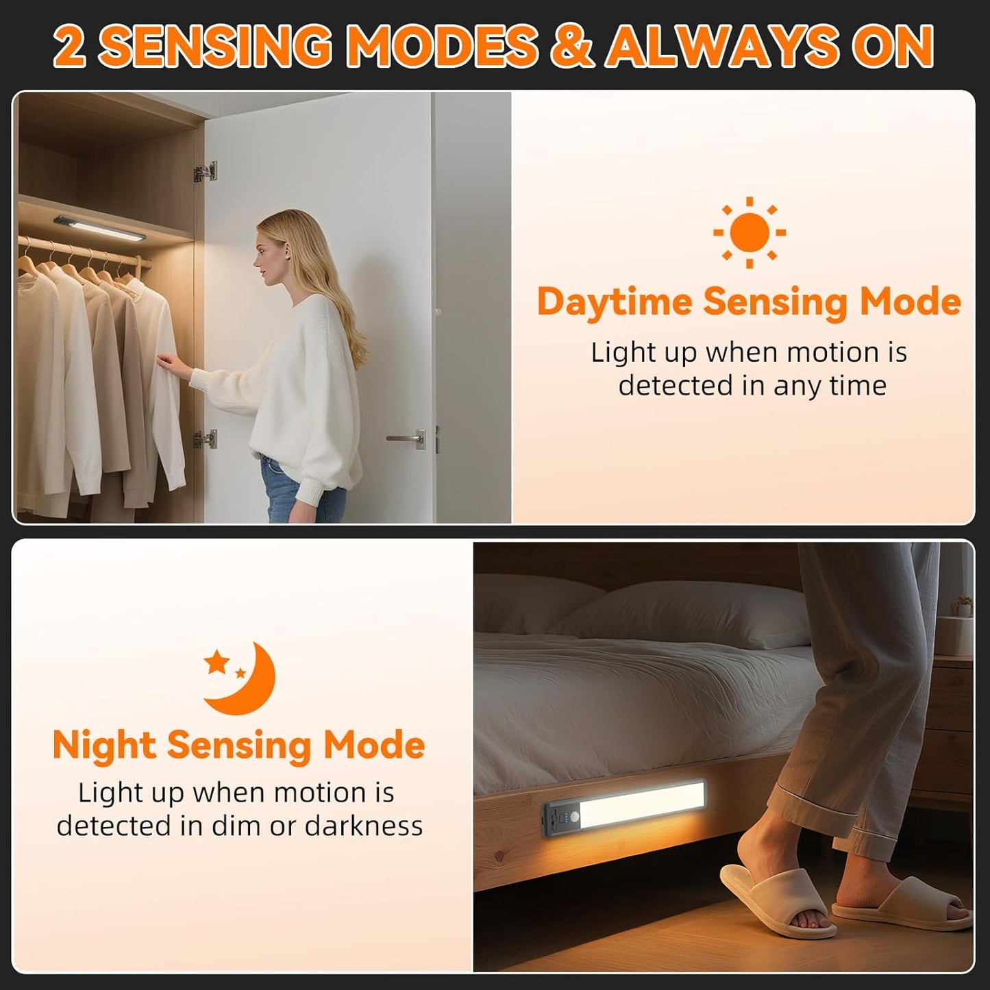 Under Cabinet Lighting Wireless, Rechargeable 10inch Motion Sensor Light Indoor, 3 Color Closet Light Battery Operated with LED Power Display, Magnetic Under Counter Lights for Kitchen (3Pack-Black)
