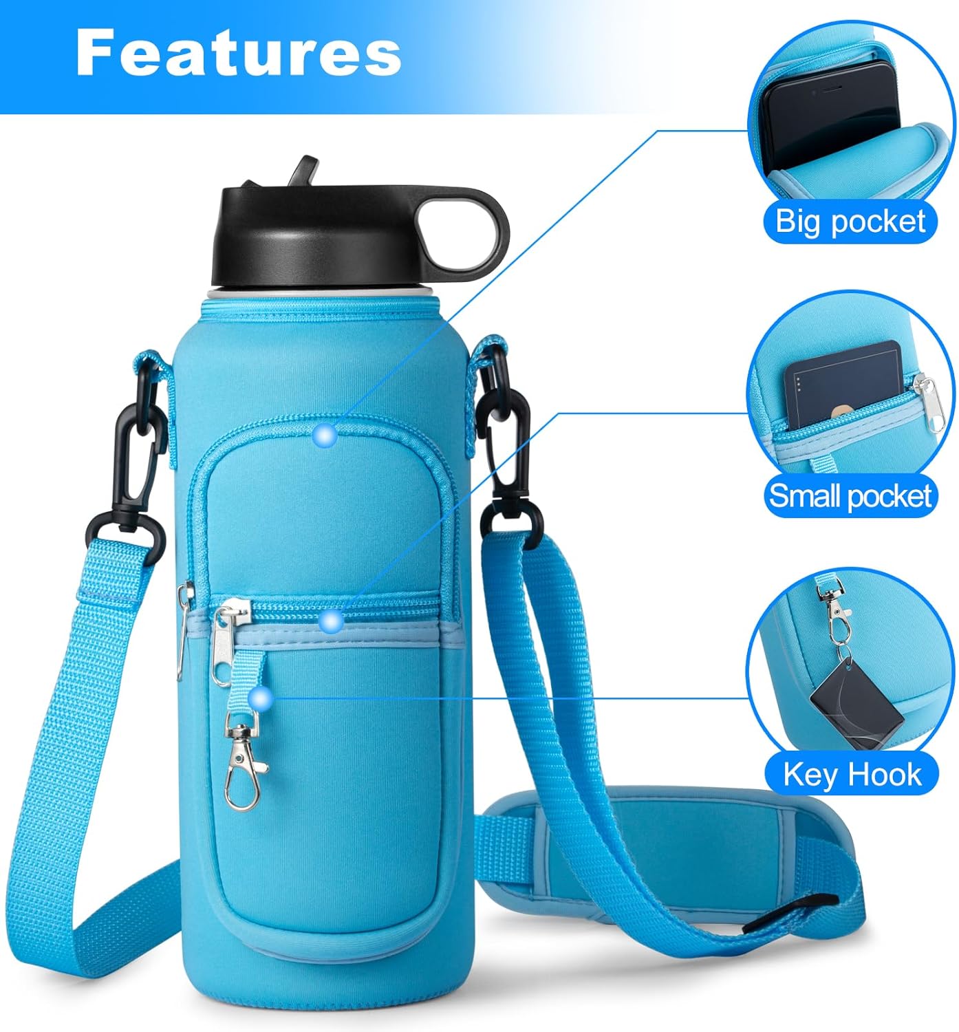 RRegeny Water Bottle Holder with Strap for Hydroflask 32oz 40oz, Carrier Sling Bag with Phone Pocket Water Bottle Sleeve for Men Women Hiking Camping Travelling
