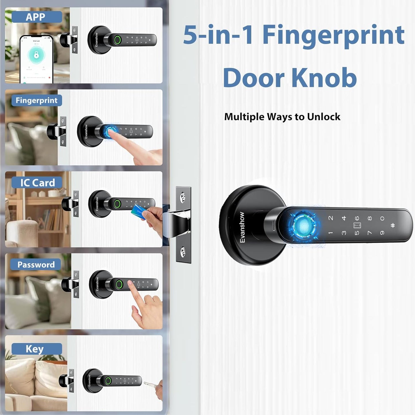 Fingerprint Door Lock Biometric Door Knob with Keypad Keyless Entry, 5-in-1 Door Locks for Bedrooms(Fingerprint/App/Code/Key/IC Card), Home Hotel Office Apartment Black