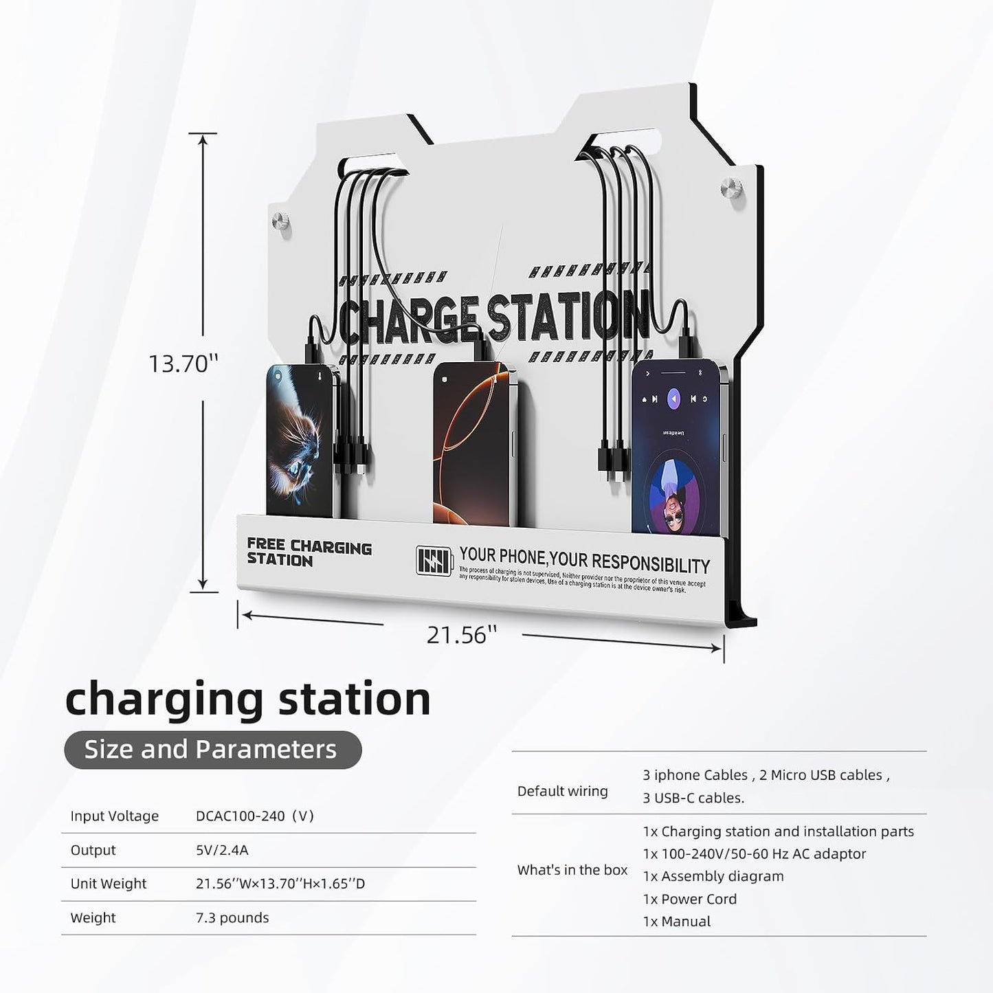 Mechanical Type Wall Mounted Charging Station with 8 PortHigh Speed Cables - Universal Dock for Apple, Type-C & Android Devices, Perfect for Airports, Hotels, Offices, School (White)