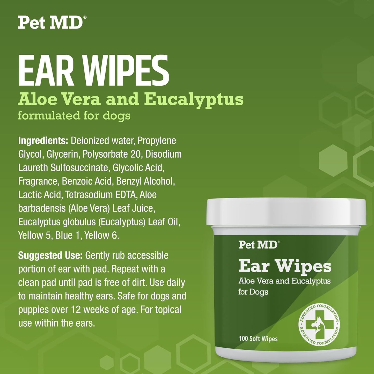 Pet MD Dog Ear Cleaning Wipes – Otic Cleanser for Dogs, Soothing Ear Care with Aloe Vera & Eucalyptus, Regular Wipes, 100 Count