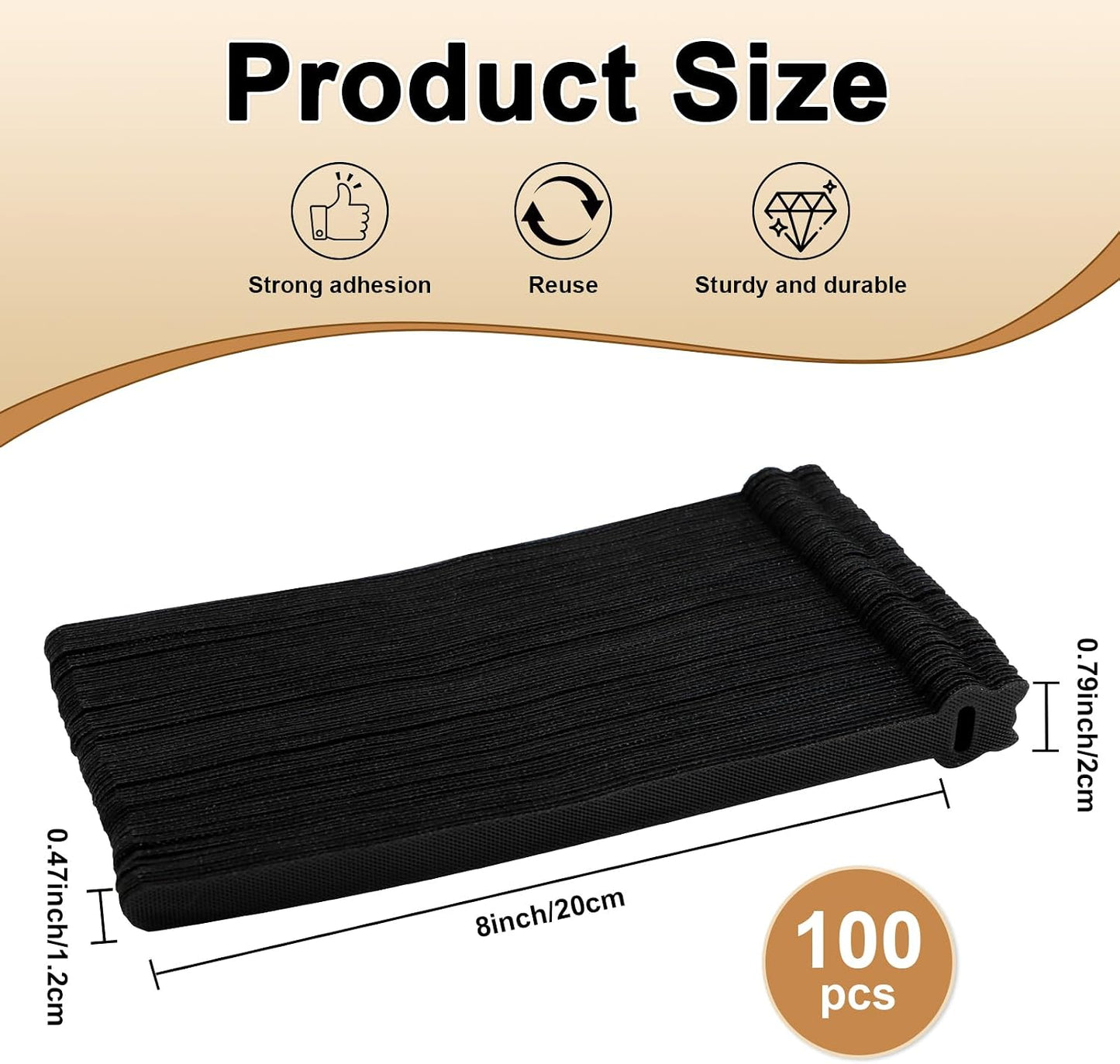 Reusable Cable Ties 8 In 100 Pack Heavy Duty Black Cord Organization Straps Adjustable & Releasable Hook and Loop for Indoor/Outdoor Wire Management