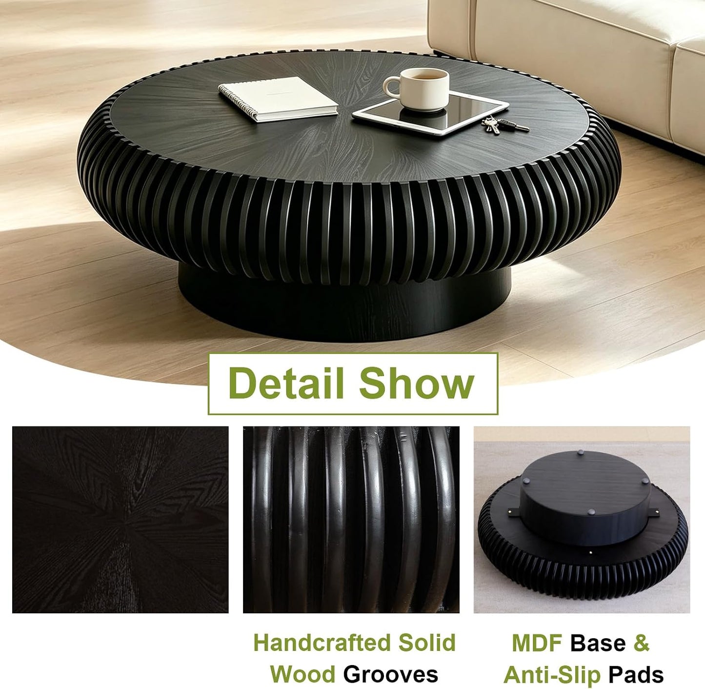 39 inch Black Round Fluted Wood Drum Coffee Table (K, 1PC) | Wood Veneer Tabletop & Base, Non-Slip Base Pads, For Living Room, Mid Century Modern Style, For Small Spaces, Easy Assembly