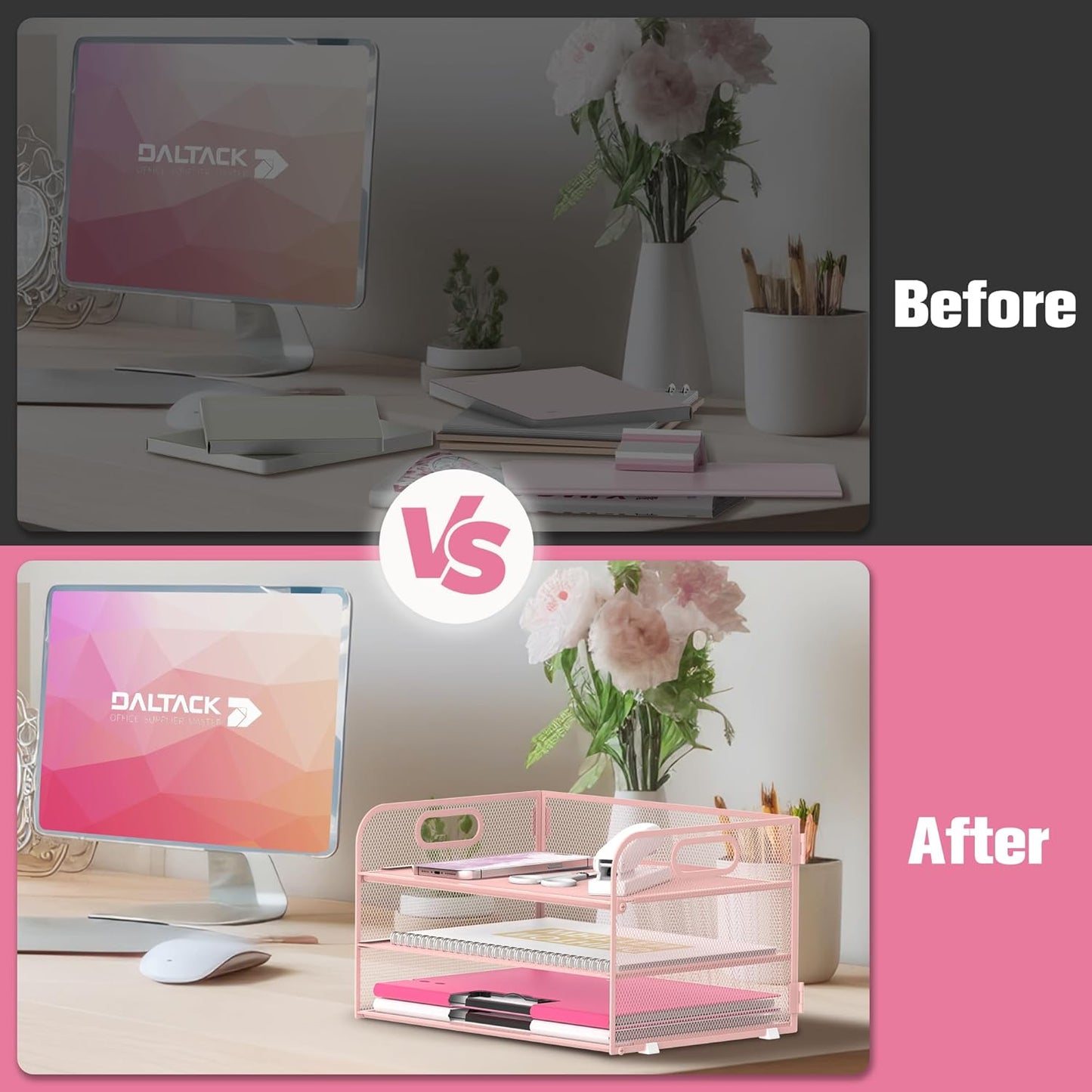 DALTACK 3 Tier Paper Organizer with Handle, Mesh Metal Desk Organizer with Sliding Paper Trays for Letter/A4 Paper, Mail, Bills & Folders, Pink