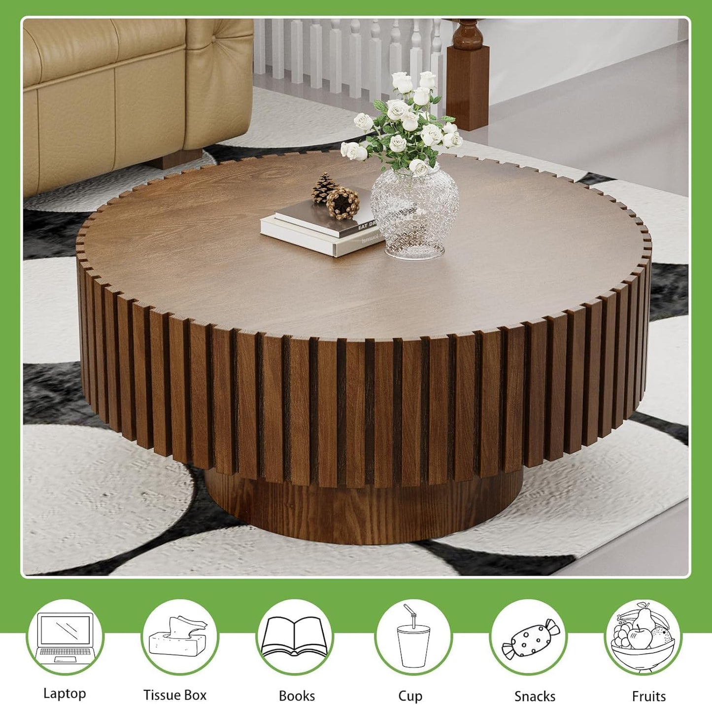Artisan-Crafted Round Fluted Coffee Table (Walnut 31in) | Solid Wood Drum Base with Detailing, Handmade Circular Centerpiece for Living Room, Rustic Modern Home Decor