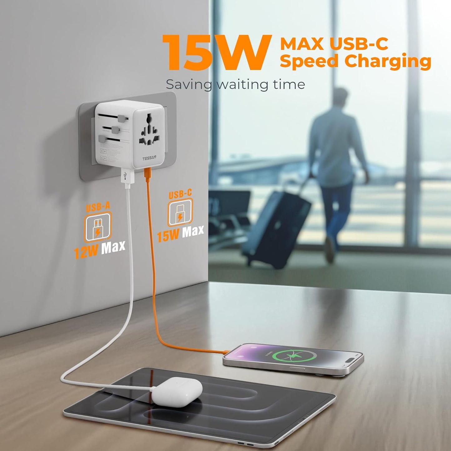 TESSAN Universal Travel Adapter 28W, International Power Adapter with 3 USB C 2 USB A Charging Ports, Worldwide Plug Adaptor for US to European UK Italy Ireland New Zealand (Type C G A I)