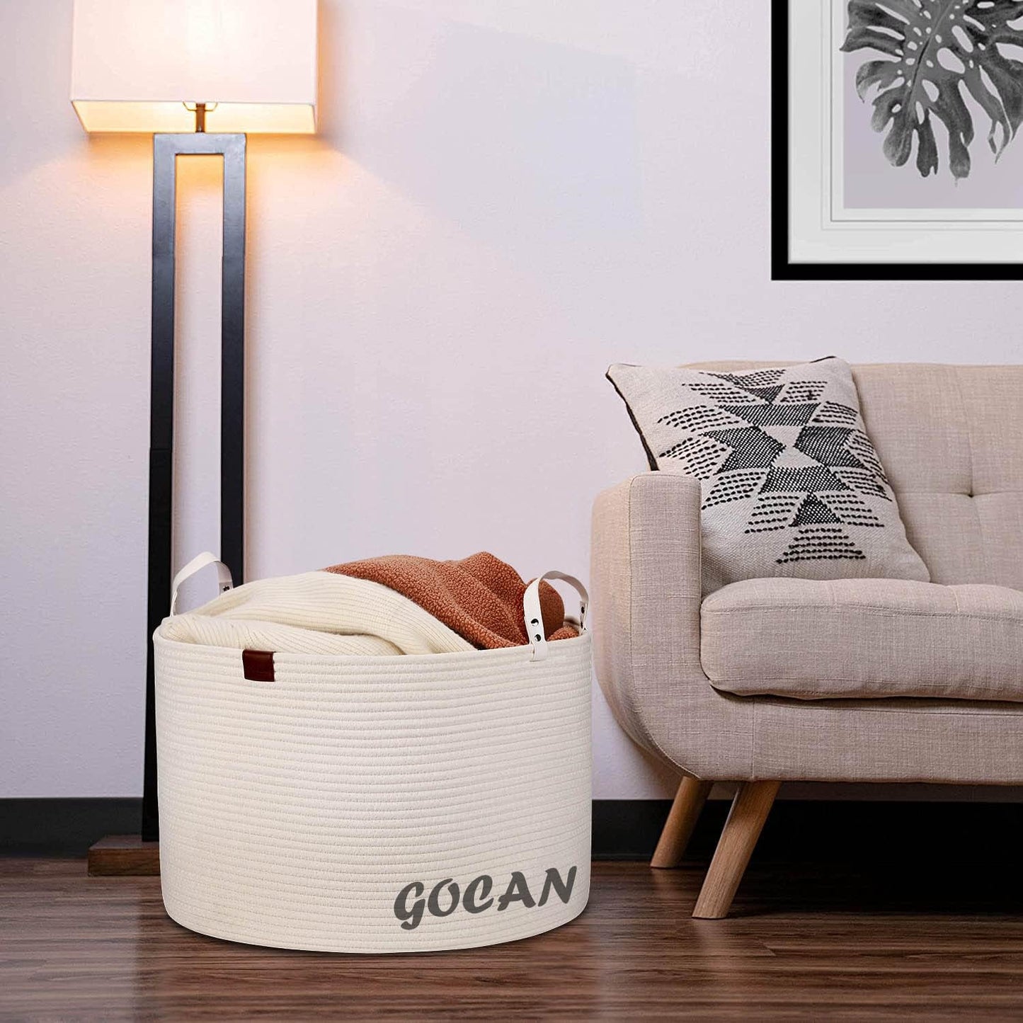 Cotton Rope Woven Laundry Basket 22"X 22"X 14" with handles（Cream）XXXL | Hand-woven, ideal for storing blankets and cushions in the living room, and clothes for household storage.