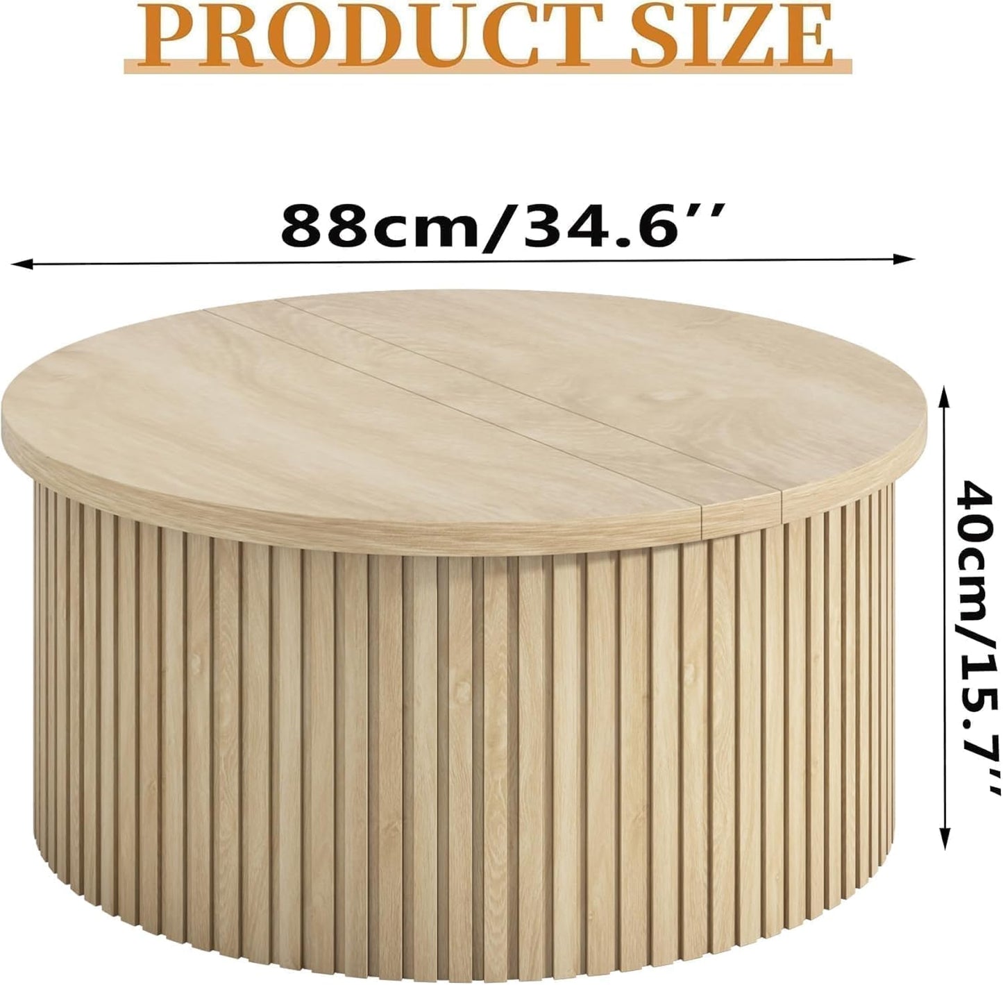 Fsbecl 34'' Round Fluted Lift Top Coffee Table with Hidden Storage, Oak | Wooden Center Table, Lift Top Coffee Table for Living Room, Home Decor