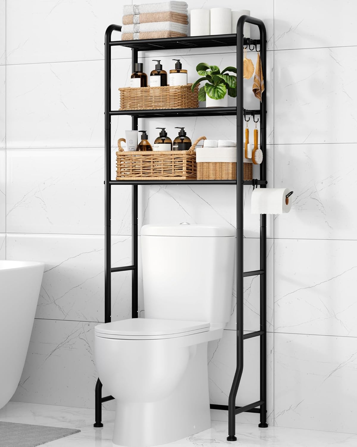 Kitsure Over Toilet Storage Rack - Metal Over Toilet Bathroom Organizer Shelf, Over the Toilet Storage Cabinet with Paper Holder and Hooks, Bathroom Cabinet for Laundry, Black, 3 Tiers (63.2" H)