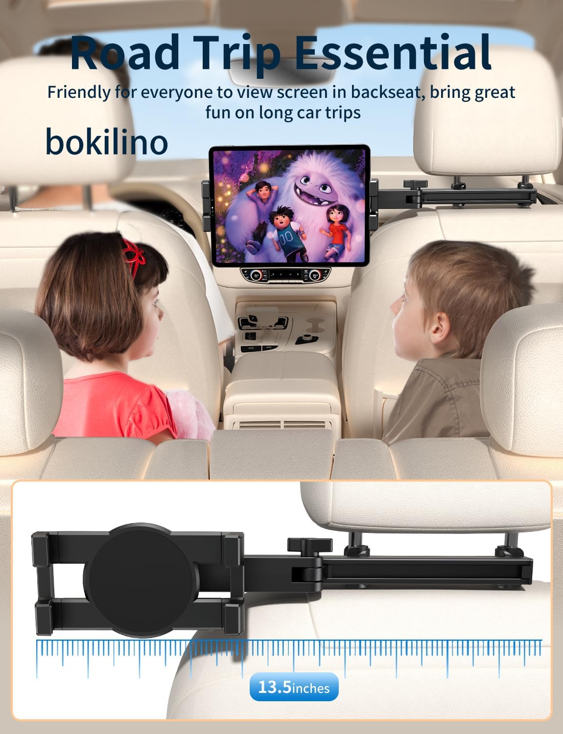 bokilino Tablet Holder for Car Headrest, [3 in 1 Adjustable Extension Arm] iPad Car Mount for Back Seat, Road Trip Essentials for Kids, for 4.7-12.9" Like iPad Pro, Air, Mini, Galaxy, Fire HD Tablet
