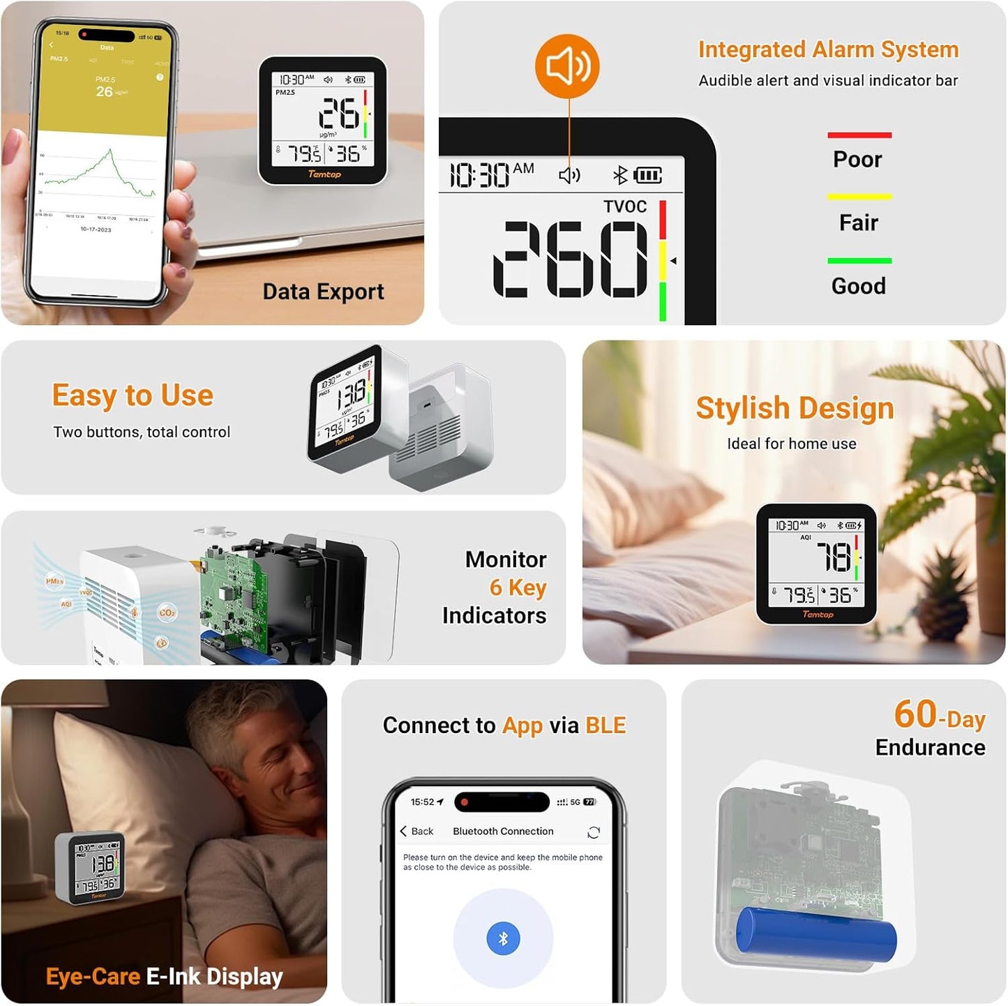 Temtop M10+ Indoor Air Quality Monitor & CO2 Meter for Home, 6-in-1 PM2.5 & VOC Detector, E-Ink Display, Battery Powered 60-Day Quiet Bedroom Air Pollution Monitor, App Temperature & Humidity Sensor