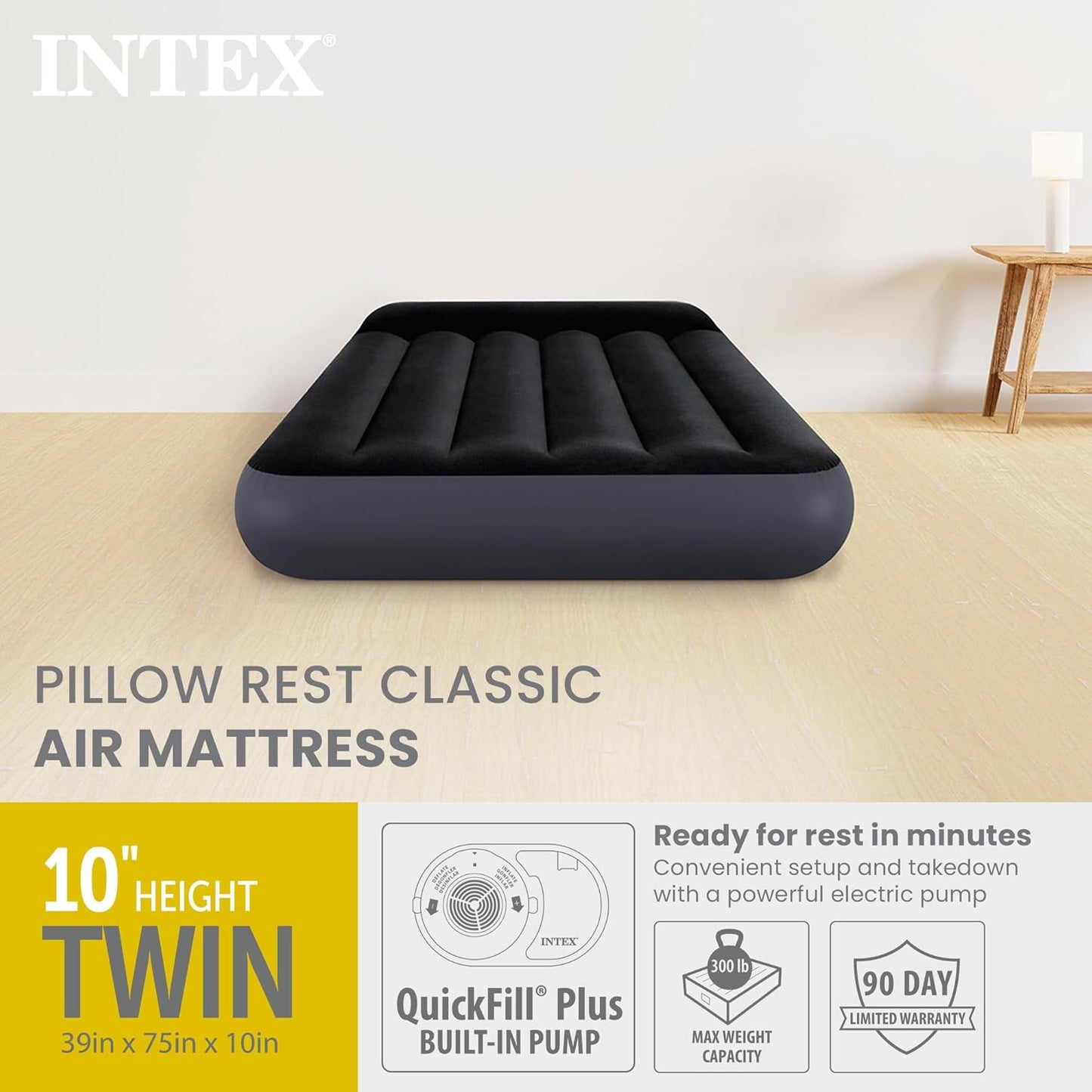 Intex Dura-Beam Standard Pillow Top Airbed Comfortable Blow Up Portable Air Mattress with Built-in Electric Pump and Carrying Bag, Twin Size, Blue