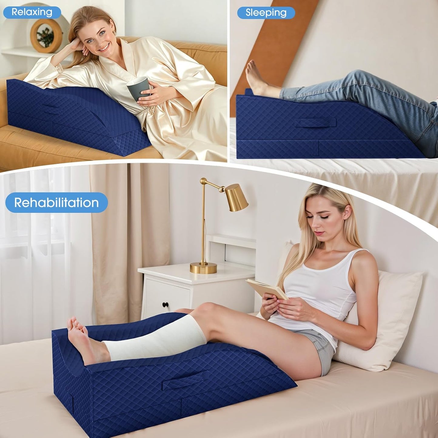 TranquilRelax Elevation Pillows for Leg After Surgery, Memory Foam Adjustable Wedge Pillow for Injury or Rest, Ankle Pillow for Sleeping Blood Circulation, Full-Blue/Single Leg