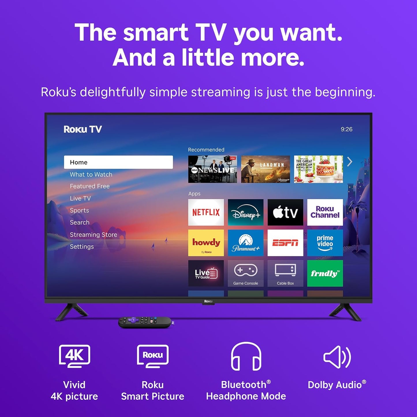 Roku Smart TV 2026 – 43-Inch Select Series, 4K HDR TV – Roku TV with Voice Remote – Flat Screen LED Television with Wi-Fi for Streaming Live Local News, Sports, & Movies – Bluetooth Headphone Mode