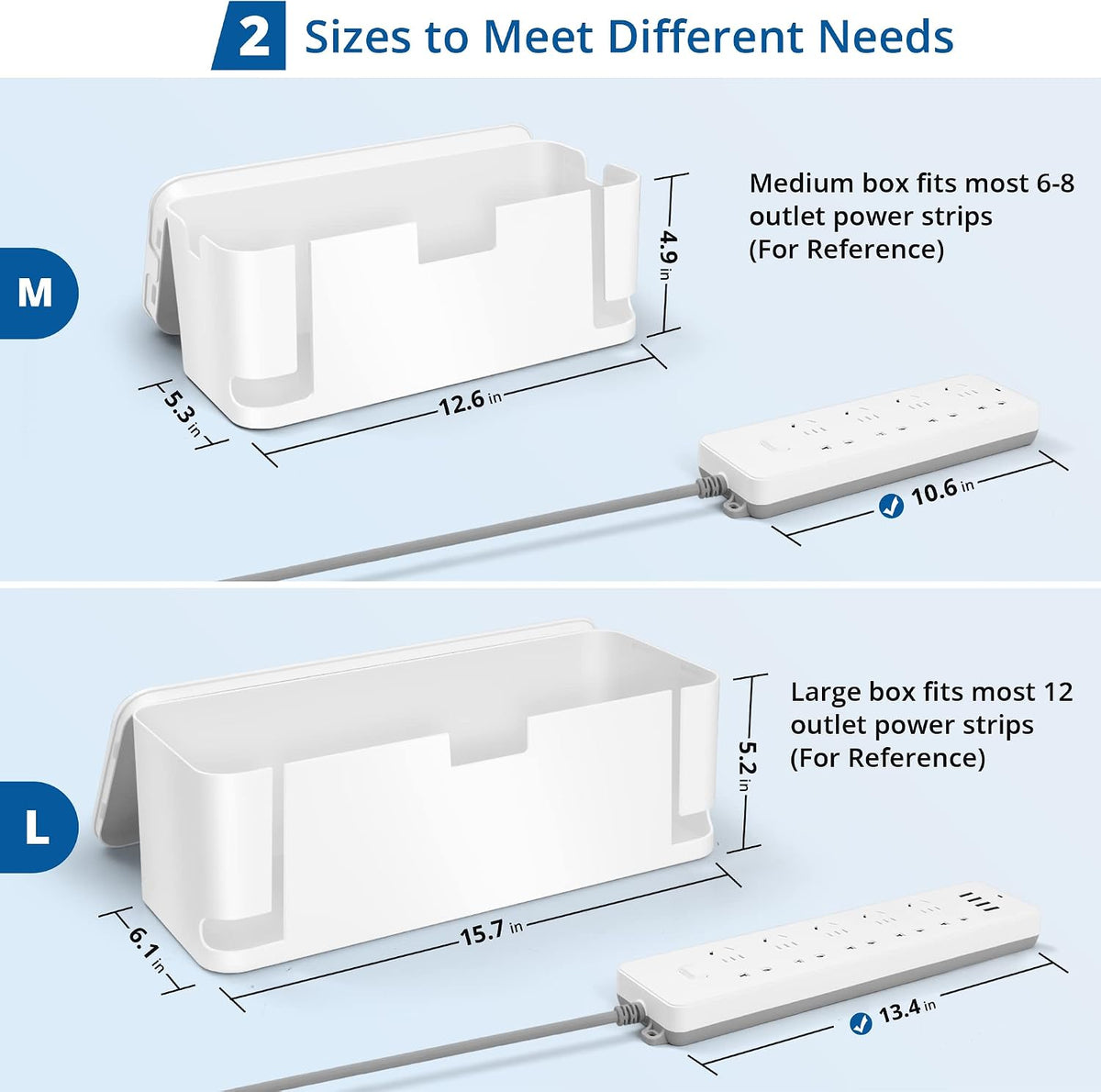 ZhiYo 2 Pack Cable Management Box, Medium & XL, Power Strip Organizer White